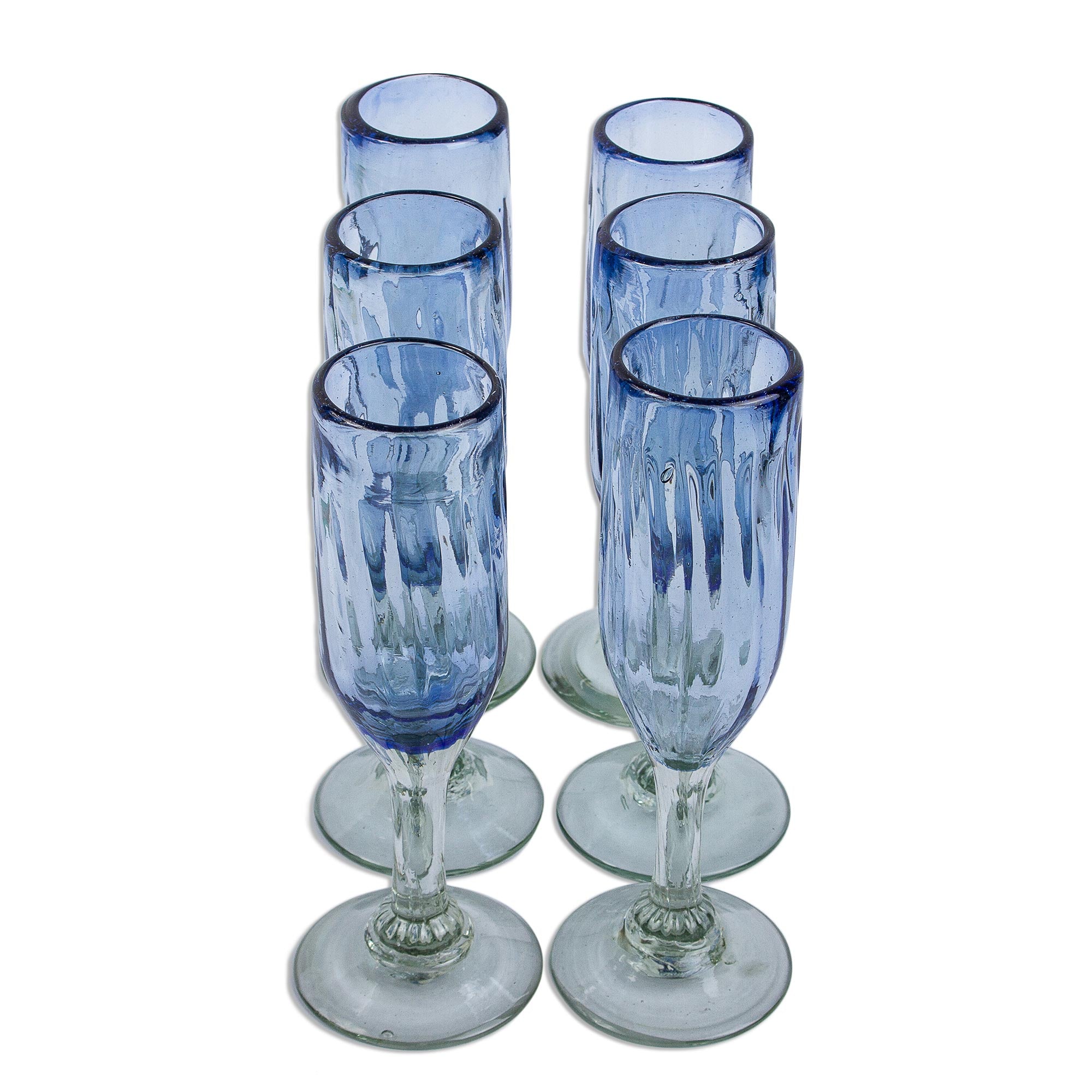 Premium Fiesta Azul Hand-Blown Recycled Glass Champagne Flutes - Set of 6