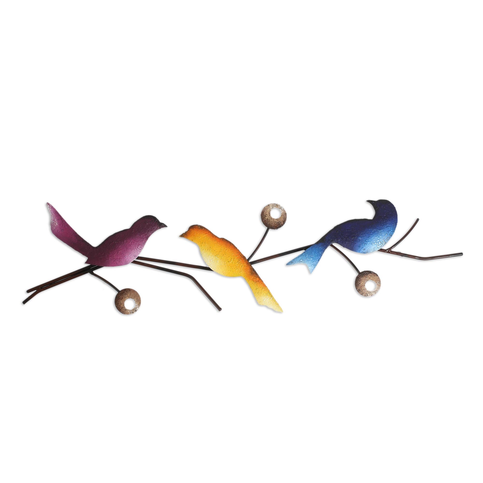 Premium Handcrafted Steel Wall Art - Vibrant Singing Bird Trio from Mexico