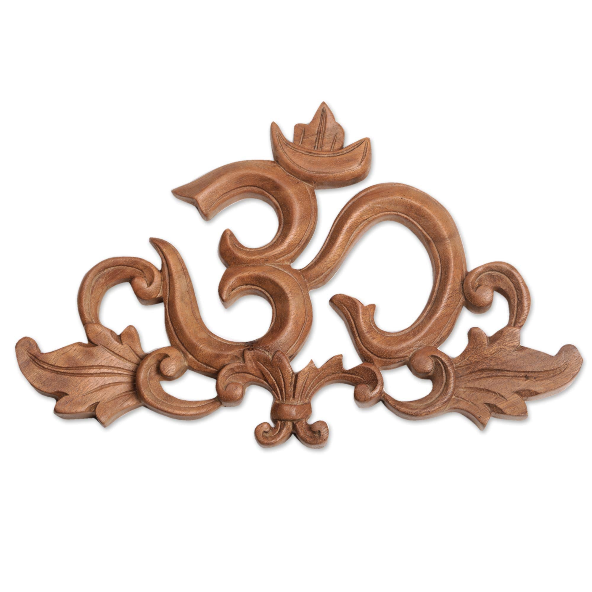 Premium Handcrafted Suar Wood Om Relief Panel - Leafy Design from Bali