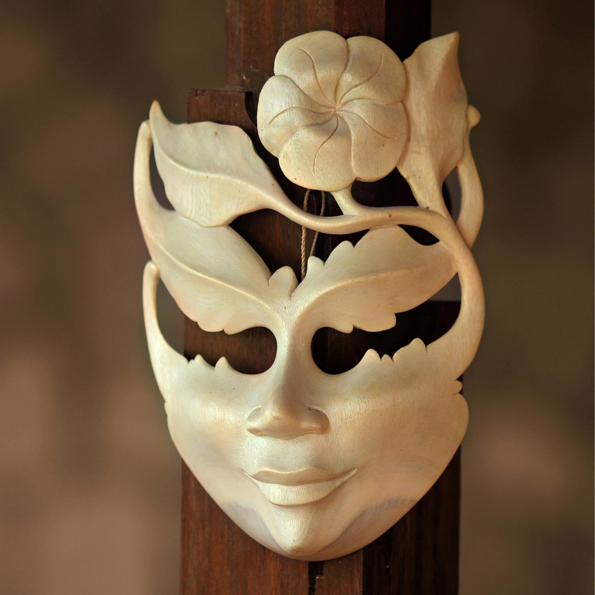 Premium Frangipani Summer Floral Wood Mask - Handcrafted Tropical Art