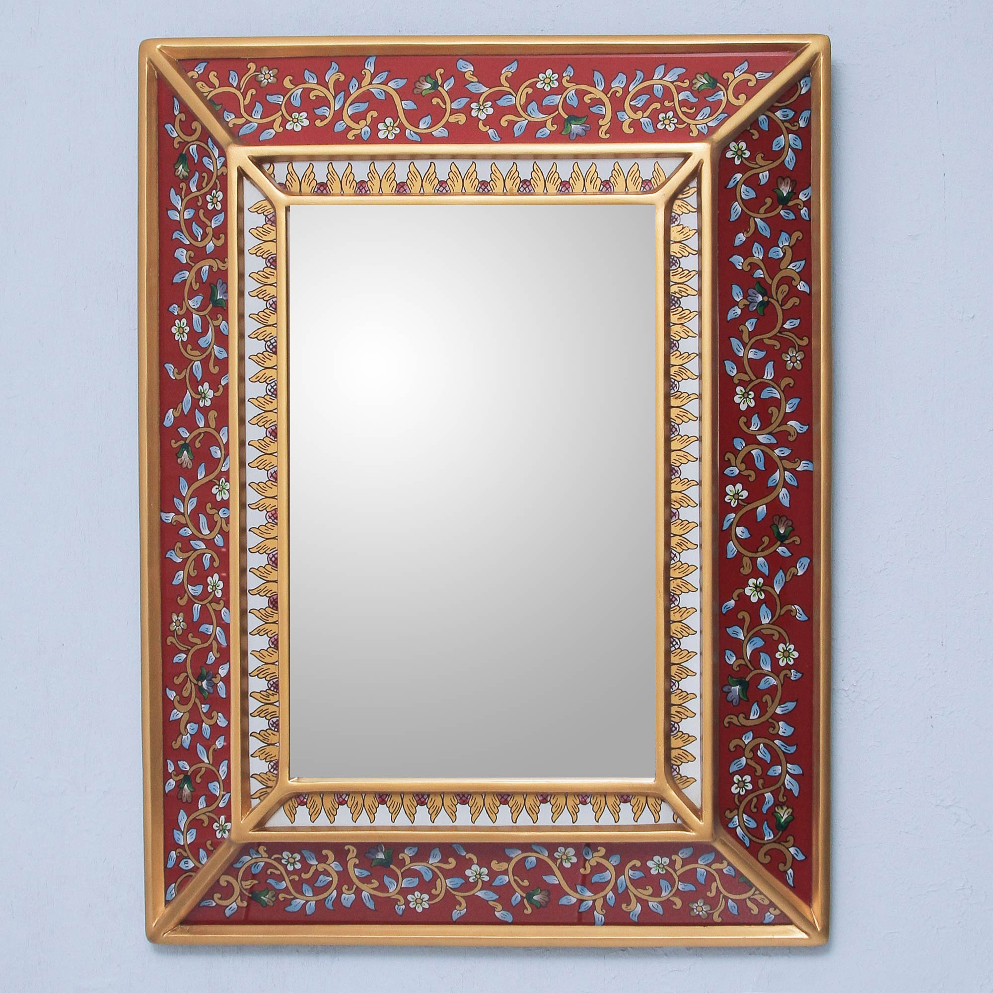 Premium Handcrafted Bluebells on Scarlet Reverse Painted Glass Mirror