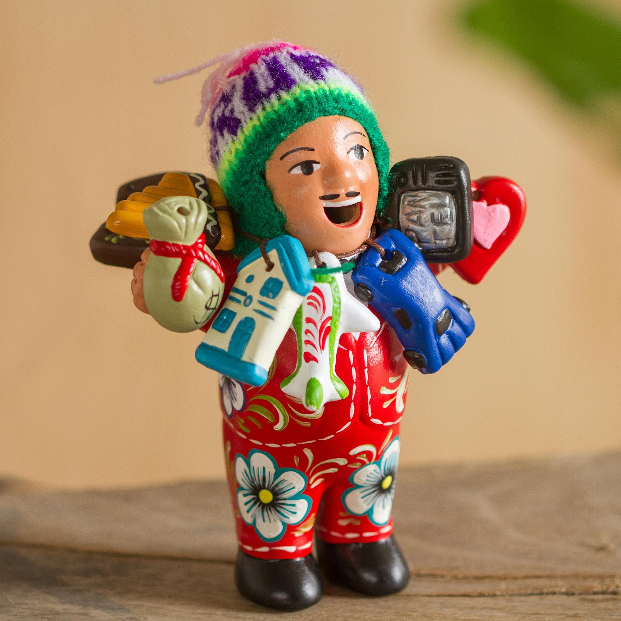 Premium Ekeko of Abundance Sculpture – Handcrafted Red Ceramic with Wool Cap from Peru