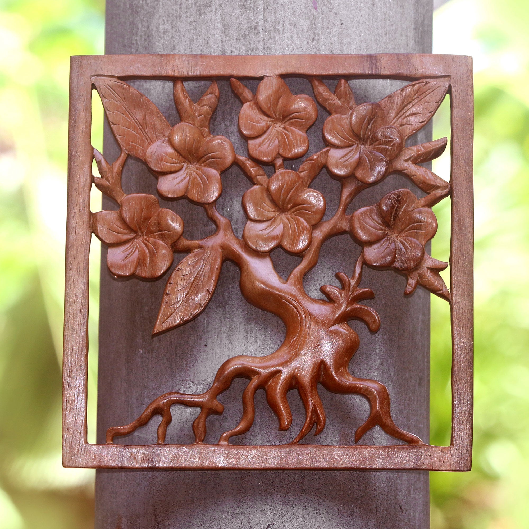 Premium Hand-Carved Plumeria Tree Wood Wall Art – Suar Wood Relief Panel