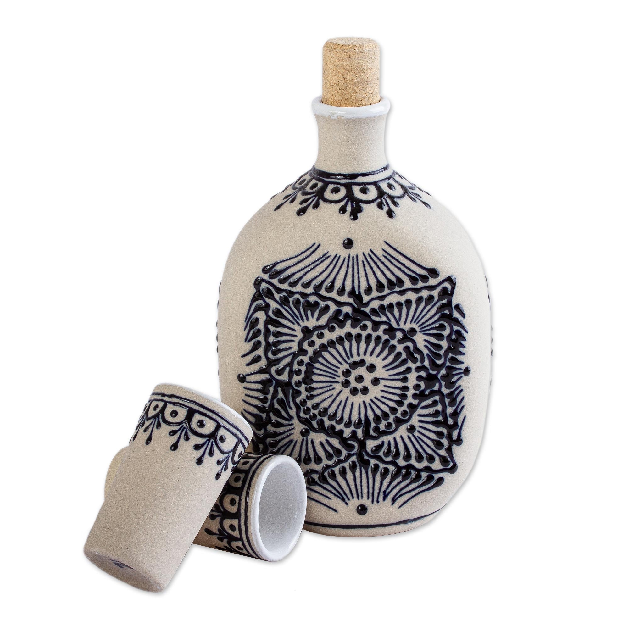 Premium Talavera Style Tequila Decanter Set with Handcrafted Glasses (3-Piece)