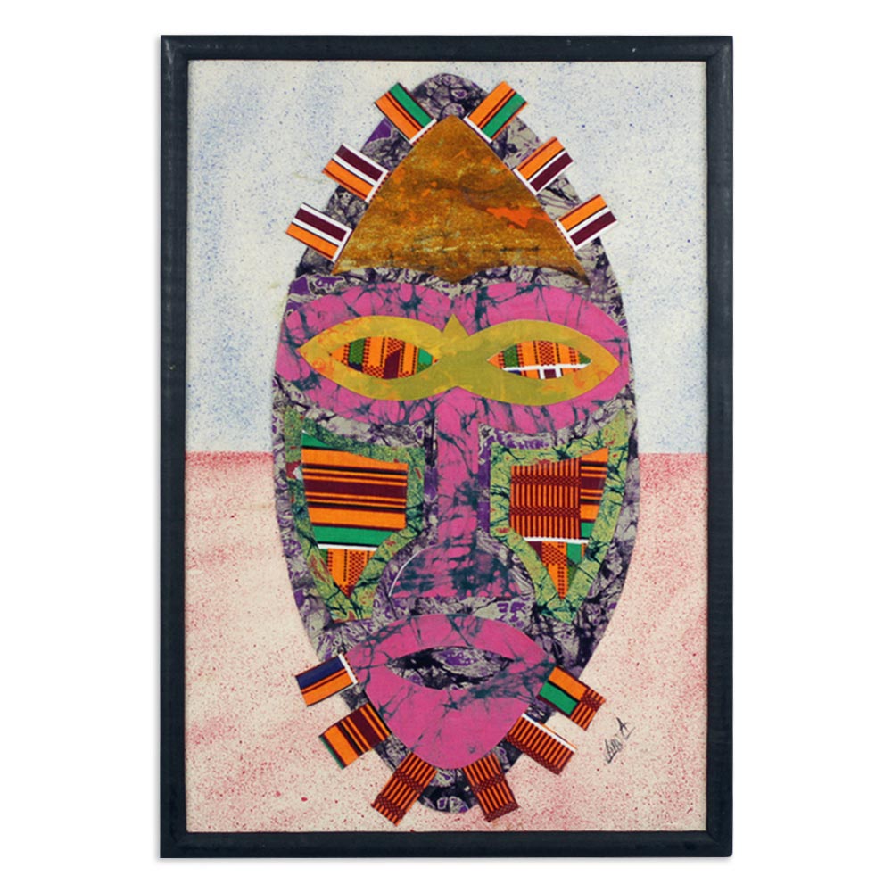 Premium Handmade African Mask Art - Oil & Batik Collage in Ceiba Wood Frame