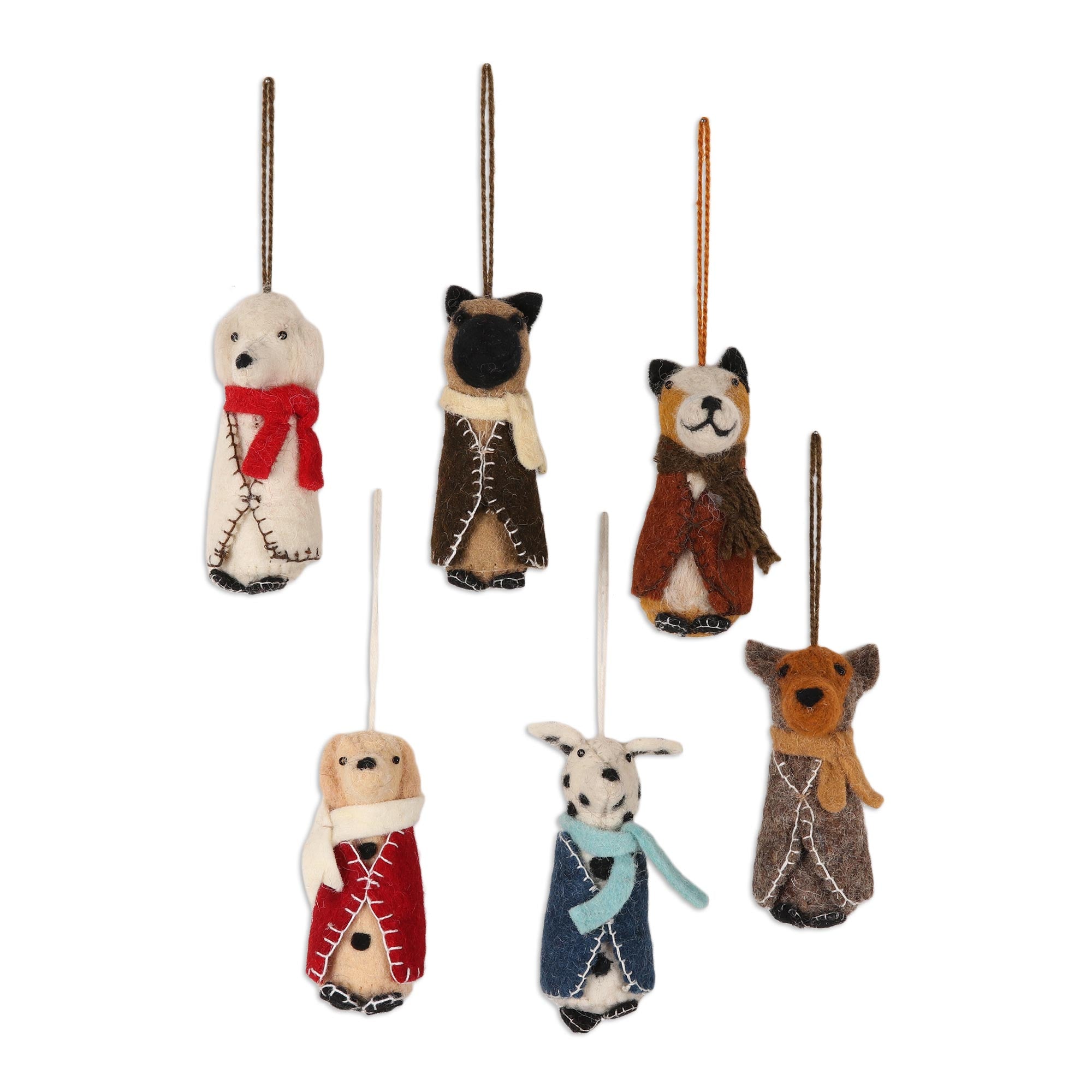Premium Festive Pups Embroidered Wool Dog Ornaments - Handcrafted Set of 6 from India