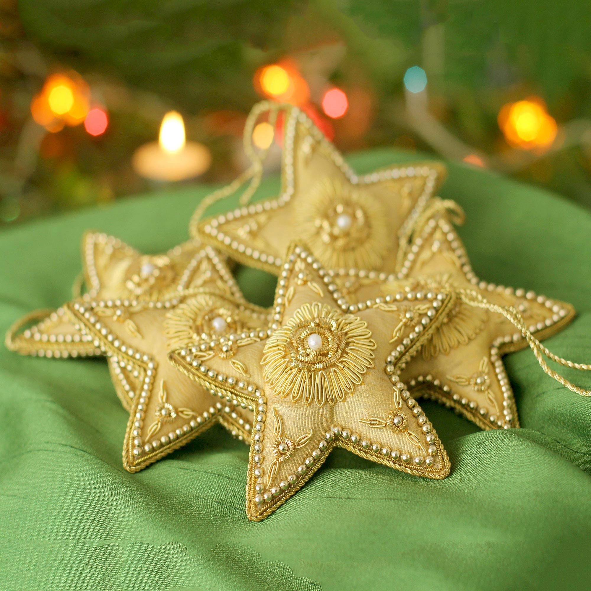 Premium Handcrafted Golden Stars Ornament Set - Set of 5