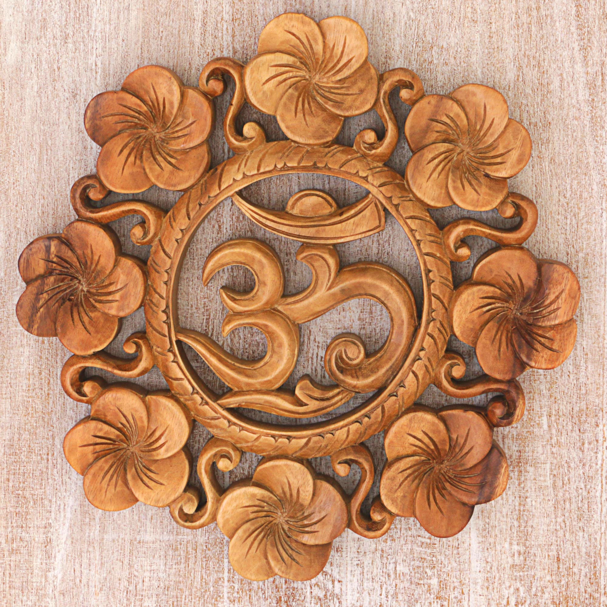Premium Suar Wood Om Wall Relief – Handcrafted Floral Art from Indonesia