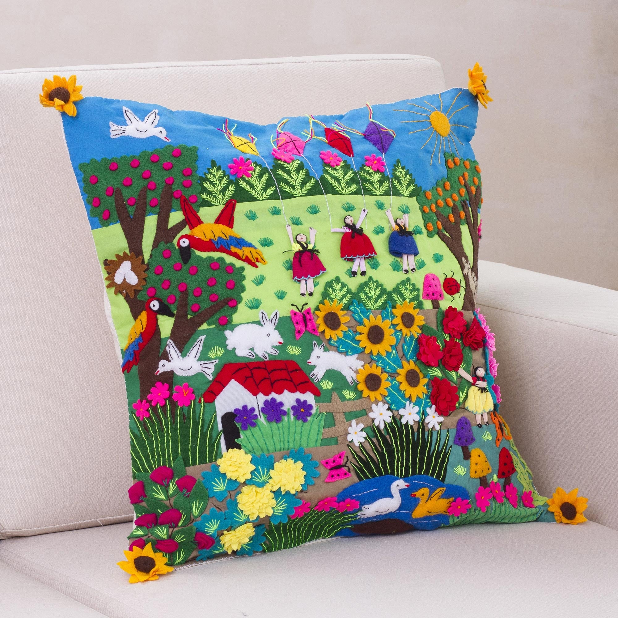 Premium Spring Fair Trade Folk Art Cushion Cover - Handcrafted Applique Design