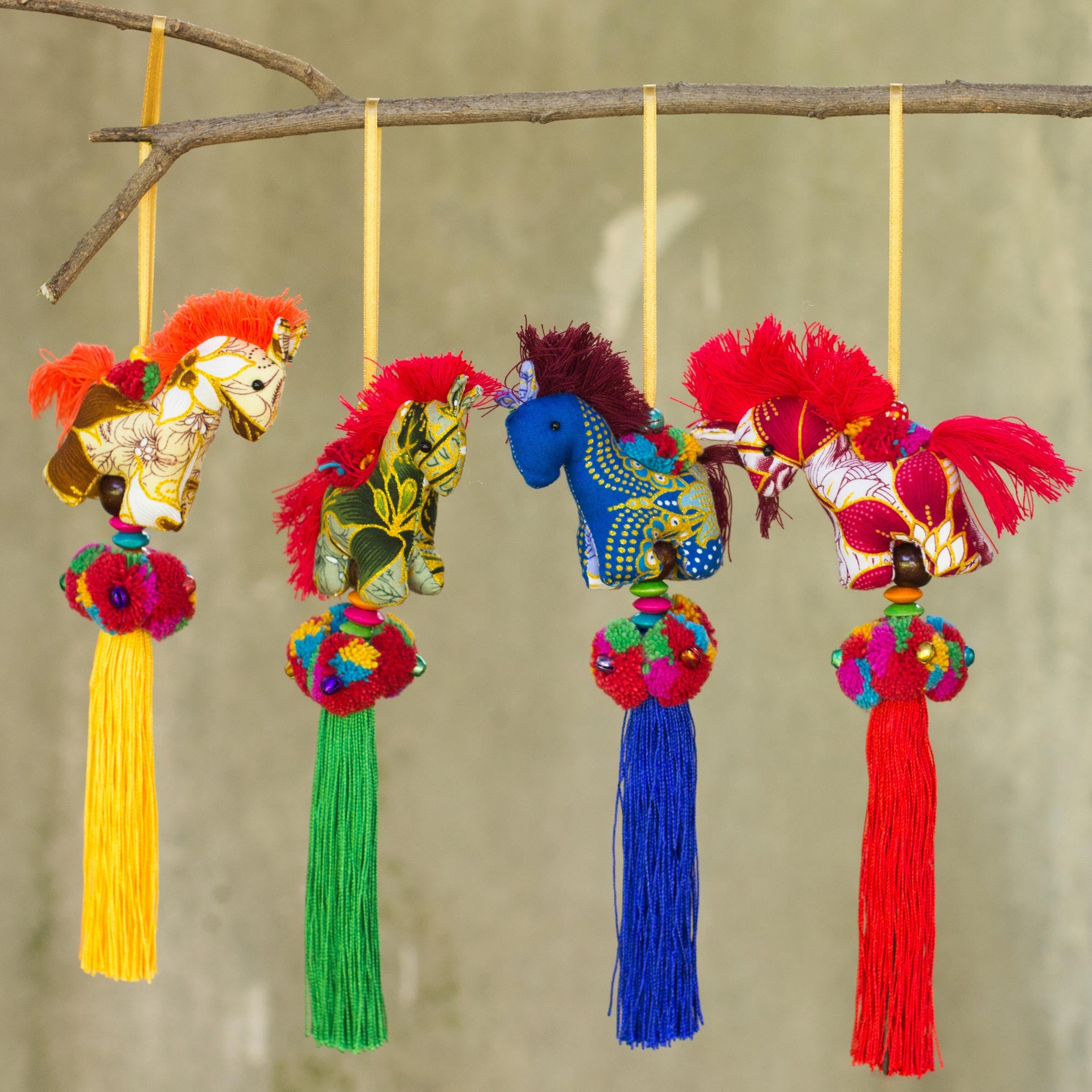 Premium Thai Horses: Handcrafted Multicolor Cotton Ornaments Set of 4