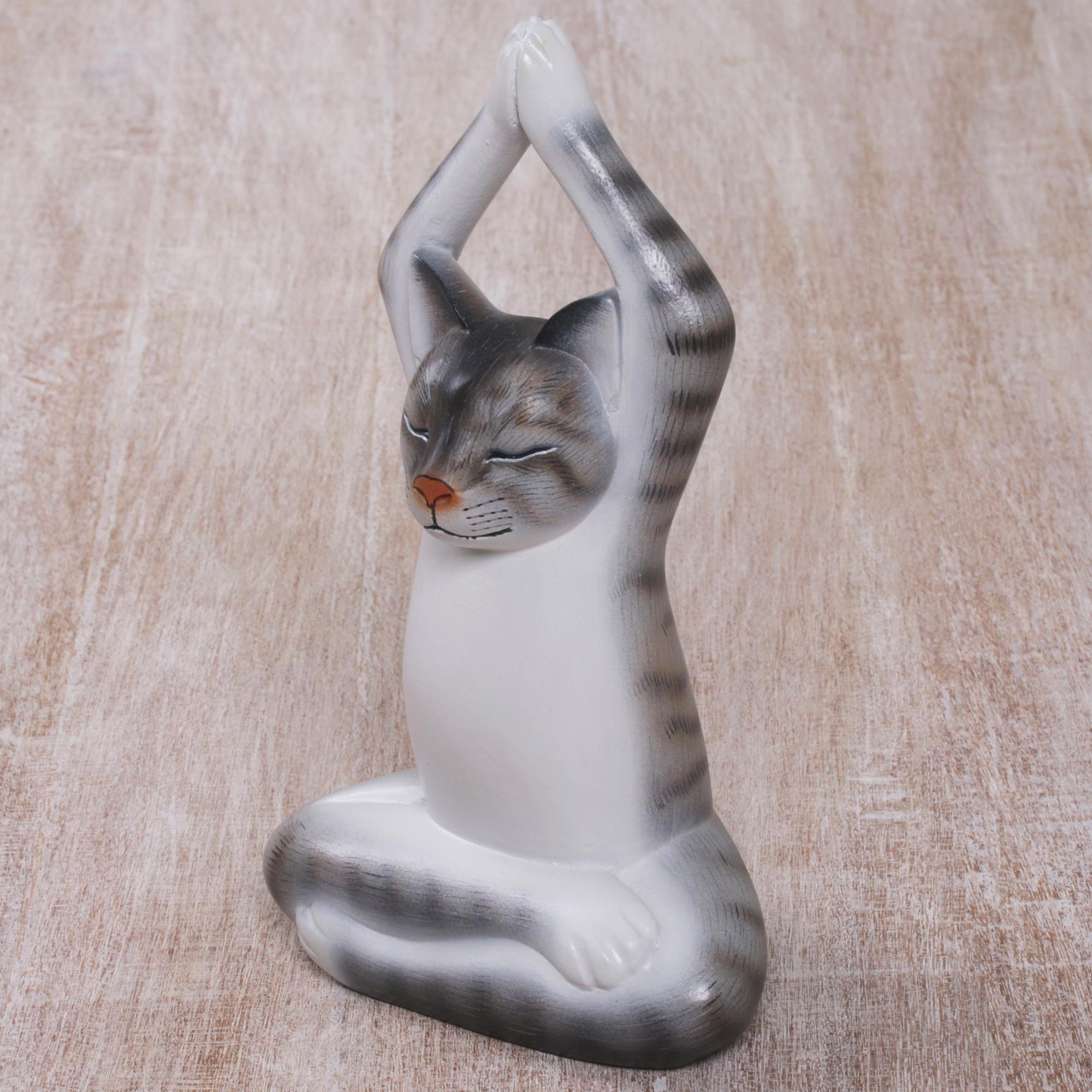 Premium Hand-Carved Yoga Cat Sculpture in Grey Suar Wood – Bali Artisan Crafted