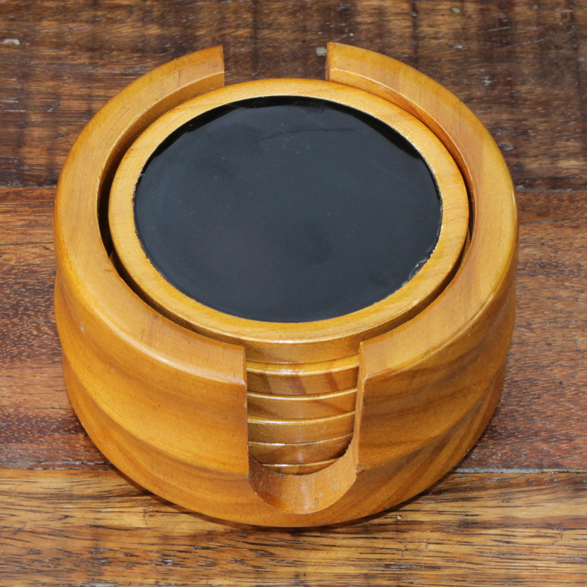 Premium Nocturnal Wisdom Coaster Set: 6 Black Agate & Cedar Wood Coasters with Stand
