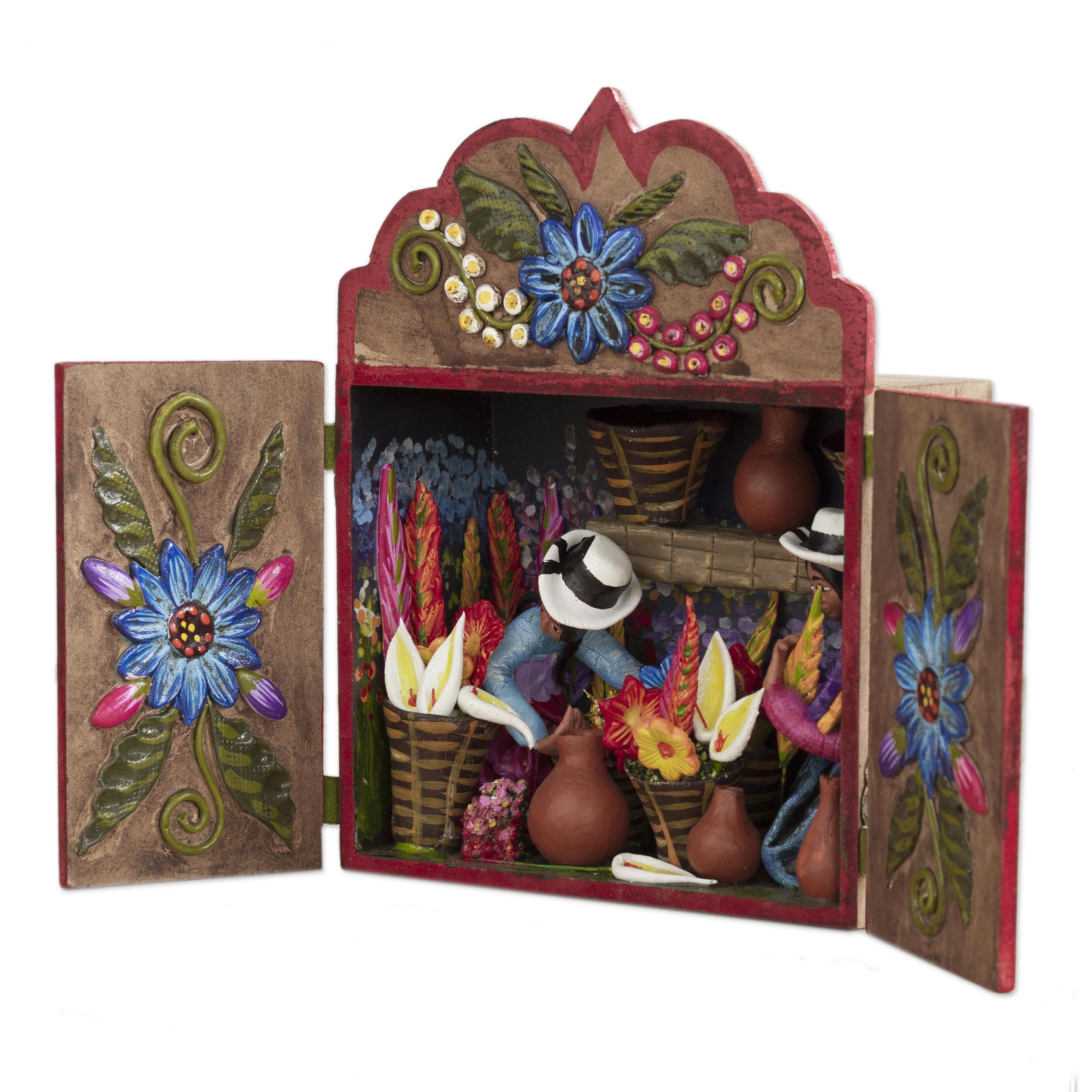 Premium Floral Retablo Art Piece – Handcrafted Wood & Ceramic Decor from Peru