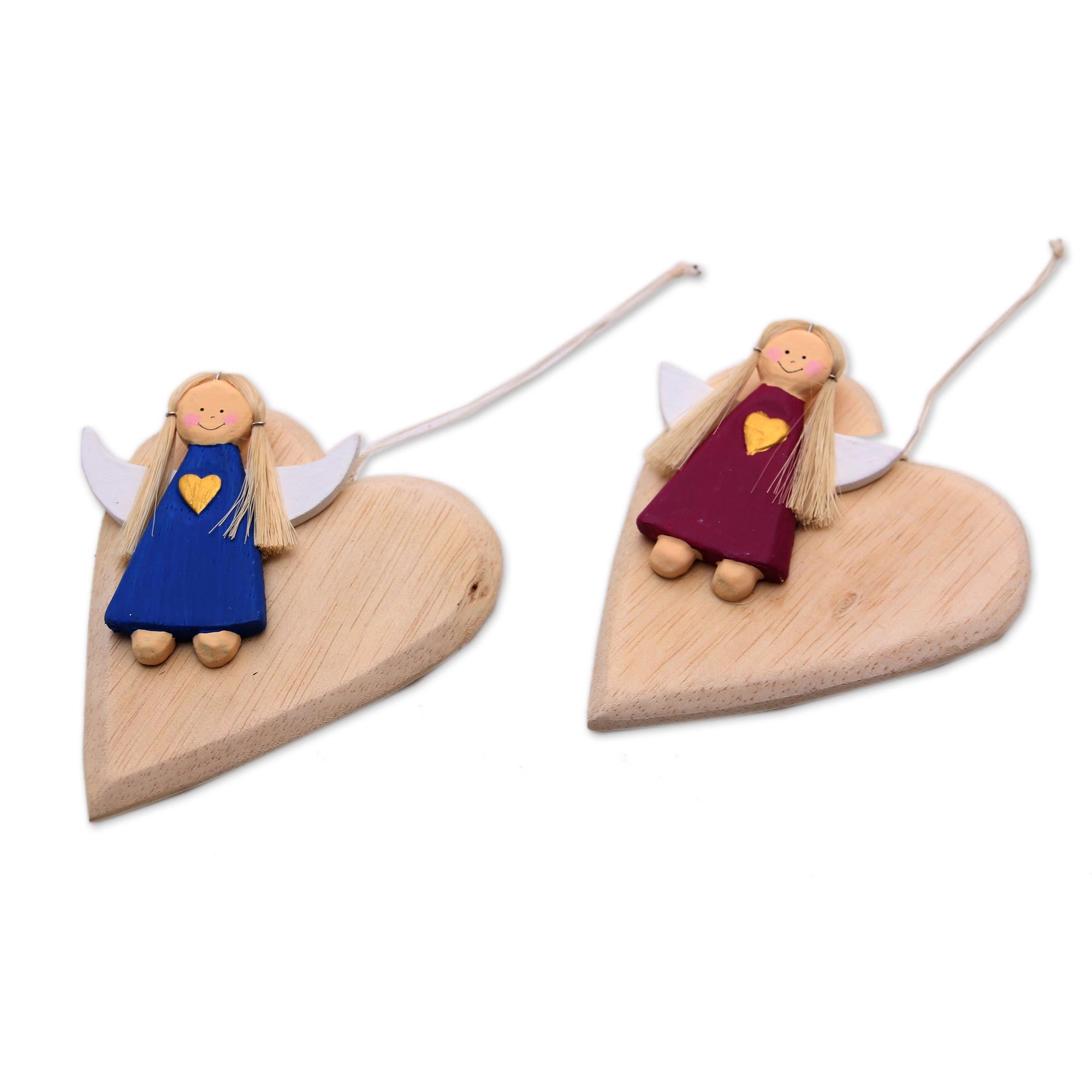 Premium Heart-Shaped Angel Ornaments - Handcrafted Albesia Wood from Bali (Pair)