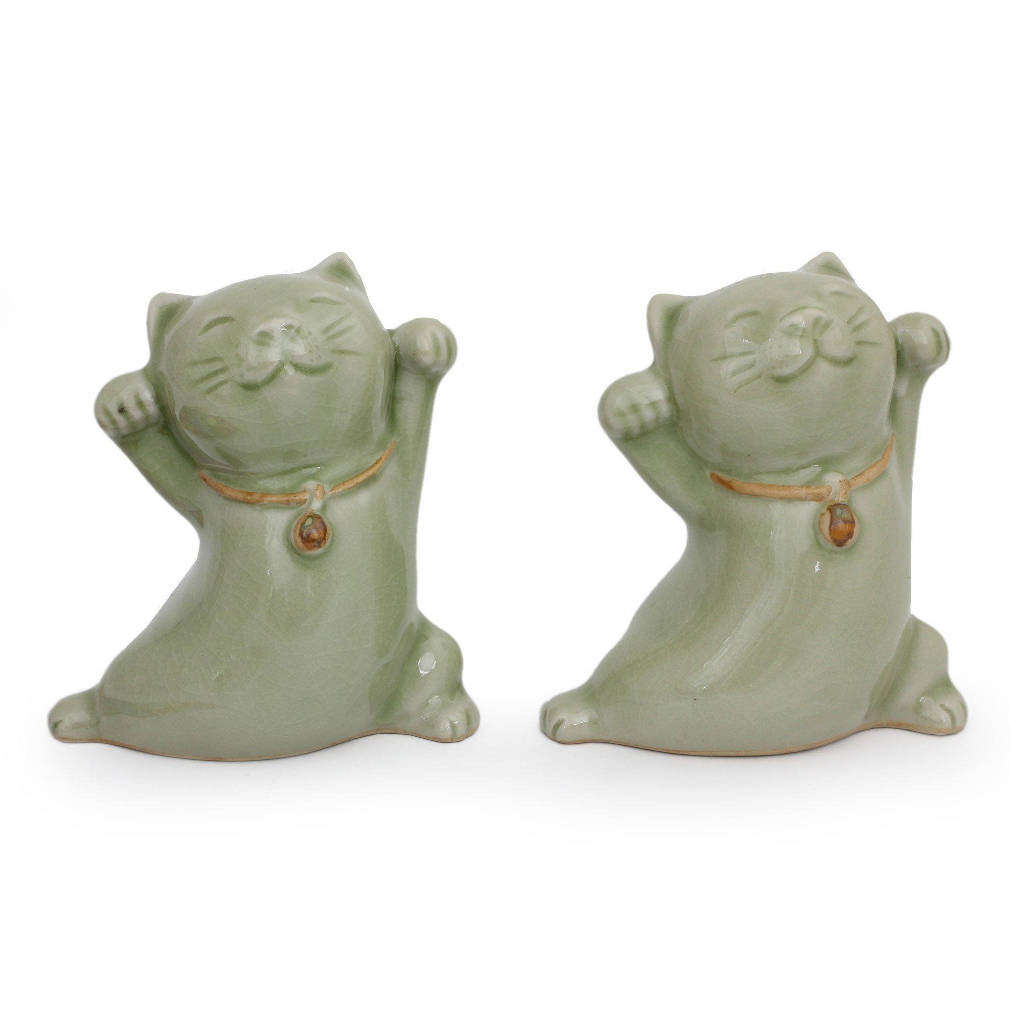 Premium Celadon Ceramic Maneki Neko Statues - Ultimate Good Fortune Duo