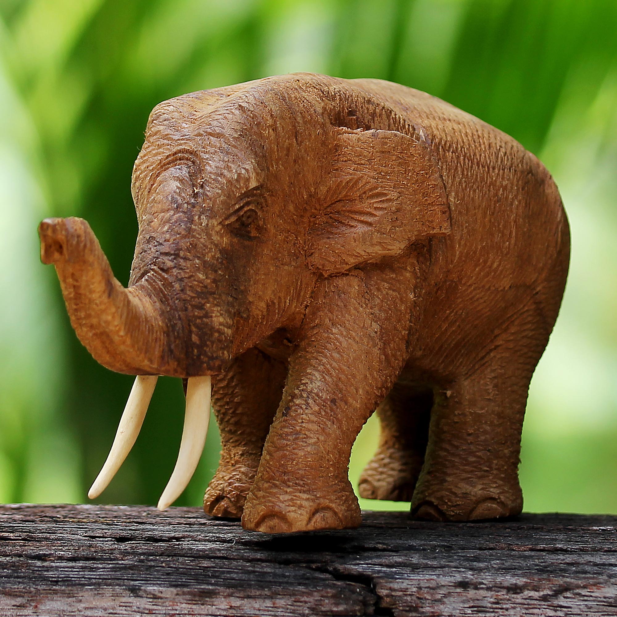 Premium Hand-Carved Thai Teak Wood Elephant Sculpture - Rustic Elegance