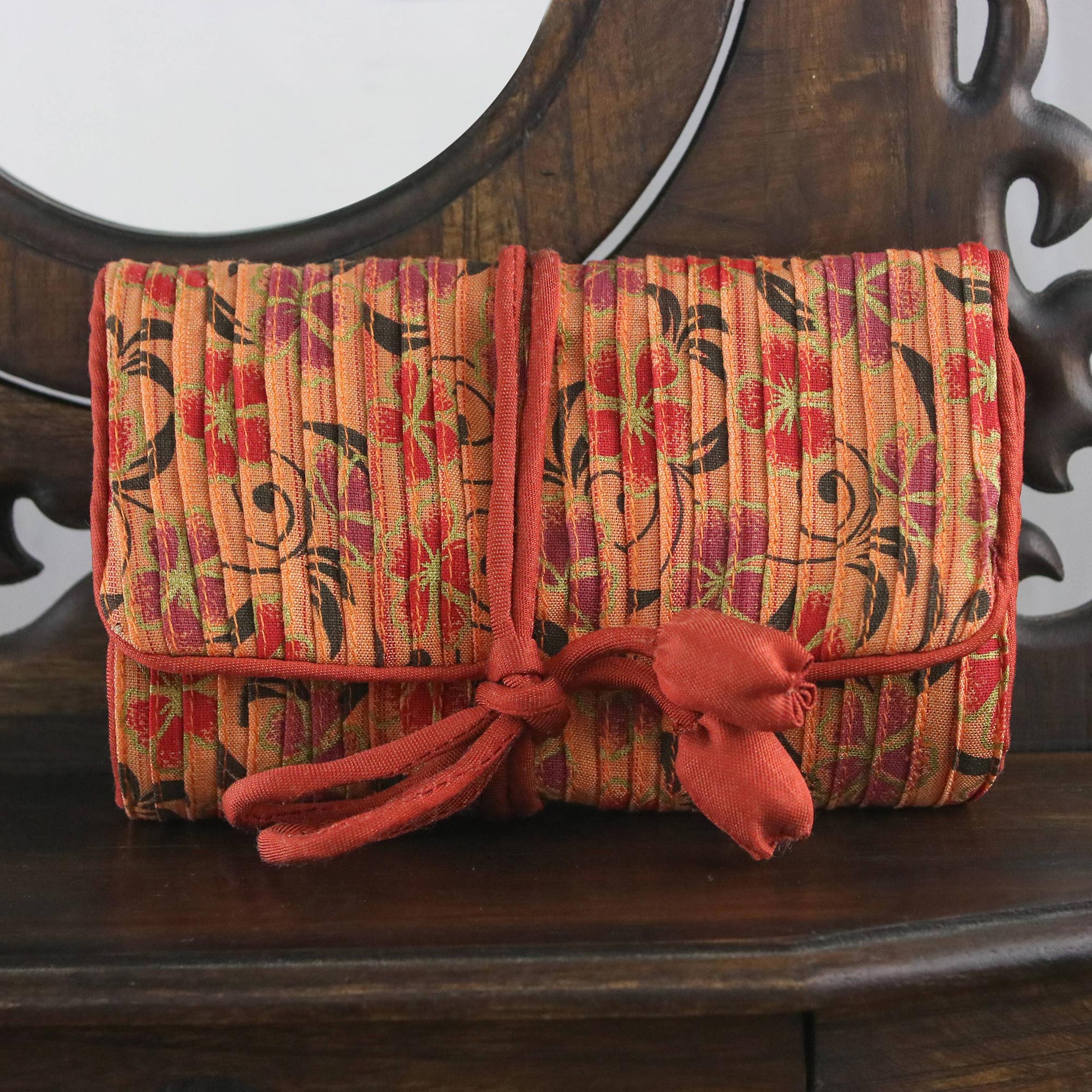 Premium Peach Jewelry Roll: Rayon & Silk Blend with Floral Motifs