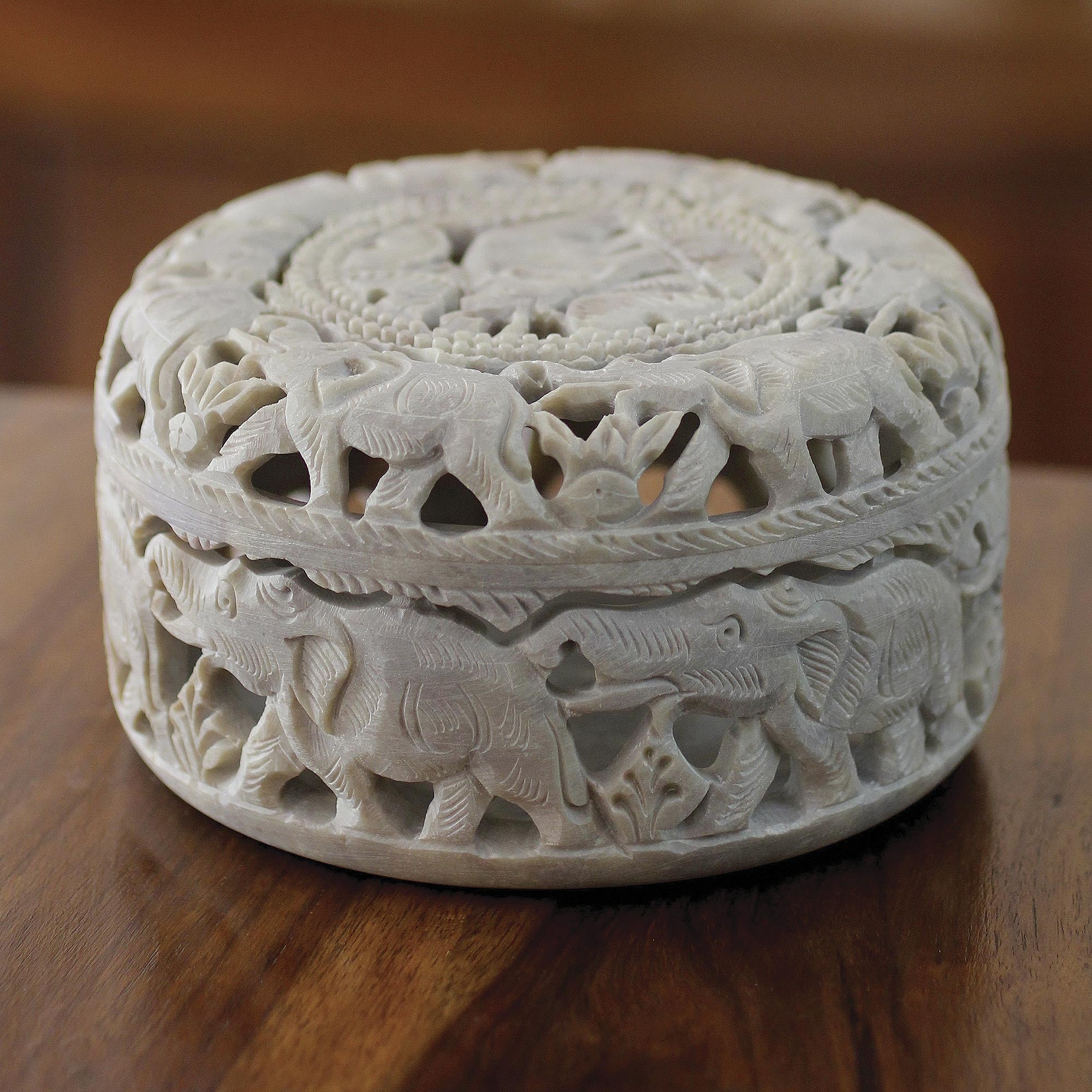 Premium Elephant Procession Soapstone Jewelry Box - Handcrafted Artisan Design