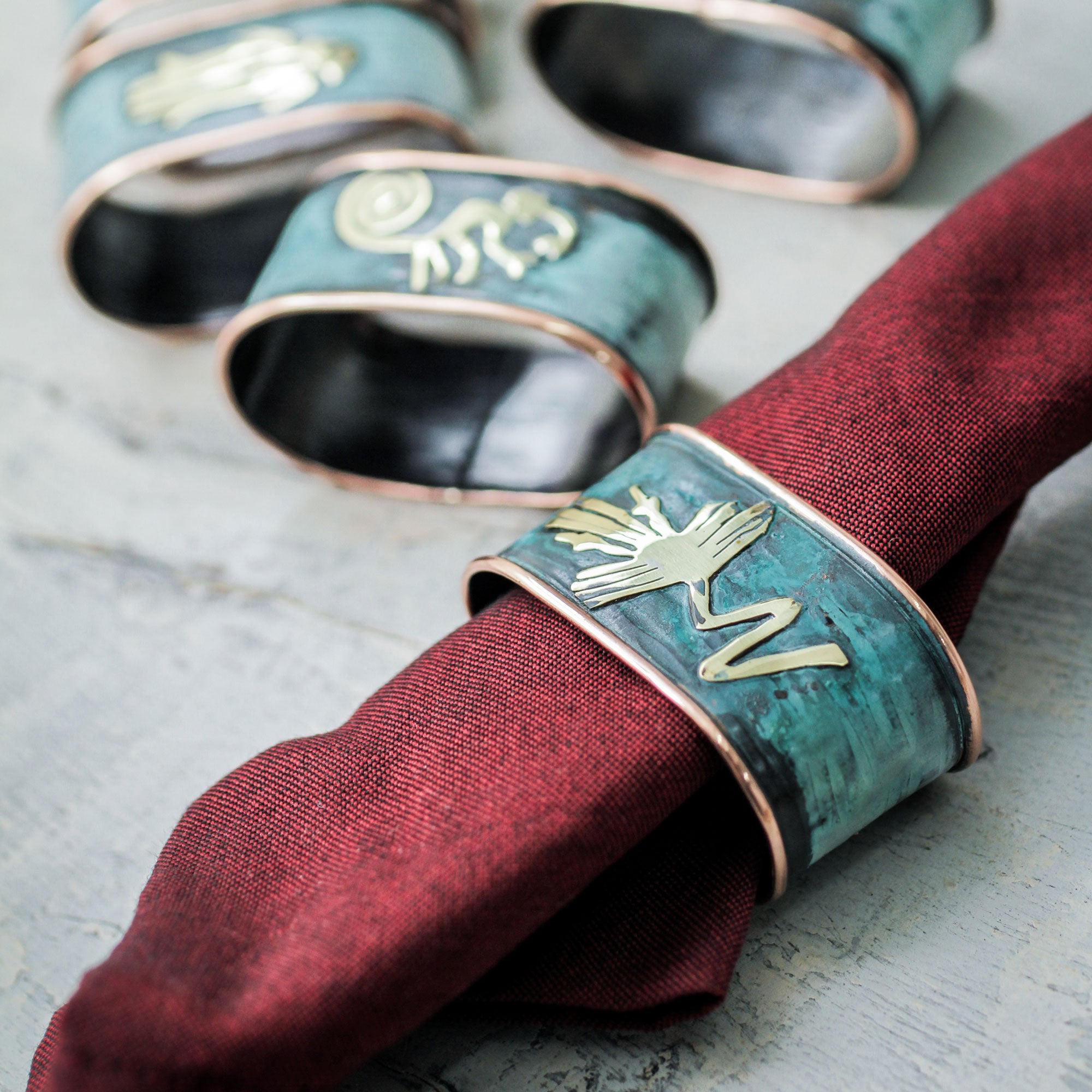 Premium Nazca Marvels Copper Napkin Rings Set - Bronze Nazca Art (Set of 6)