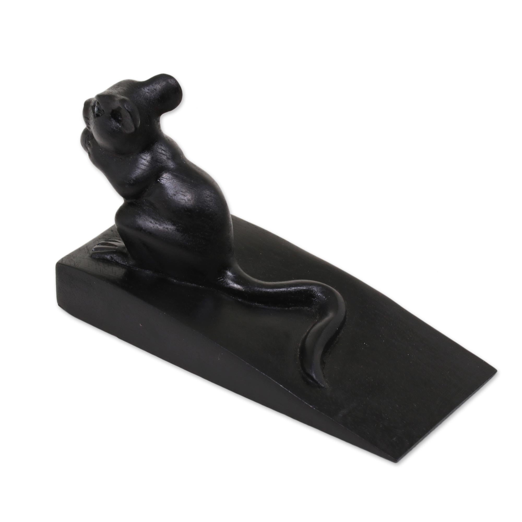 Premium Hand-Carved Black Suar Wood Mouse Door Stopper - Balinese Artisan Craft
