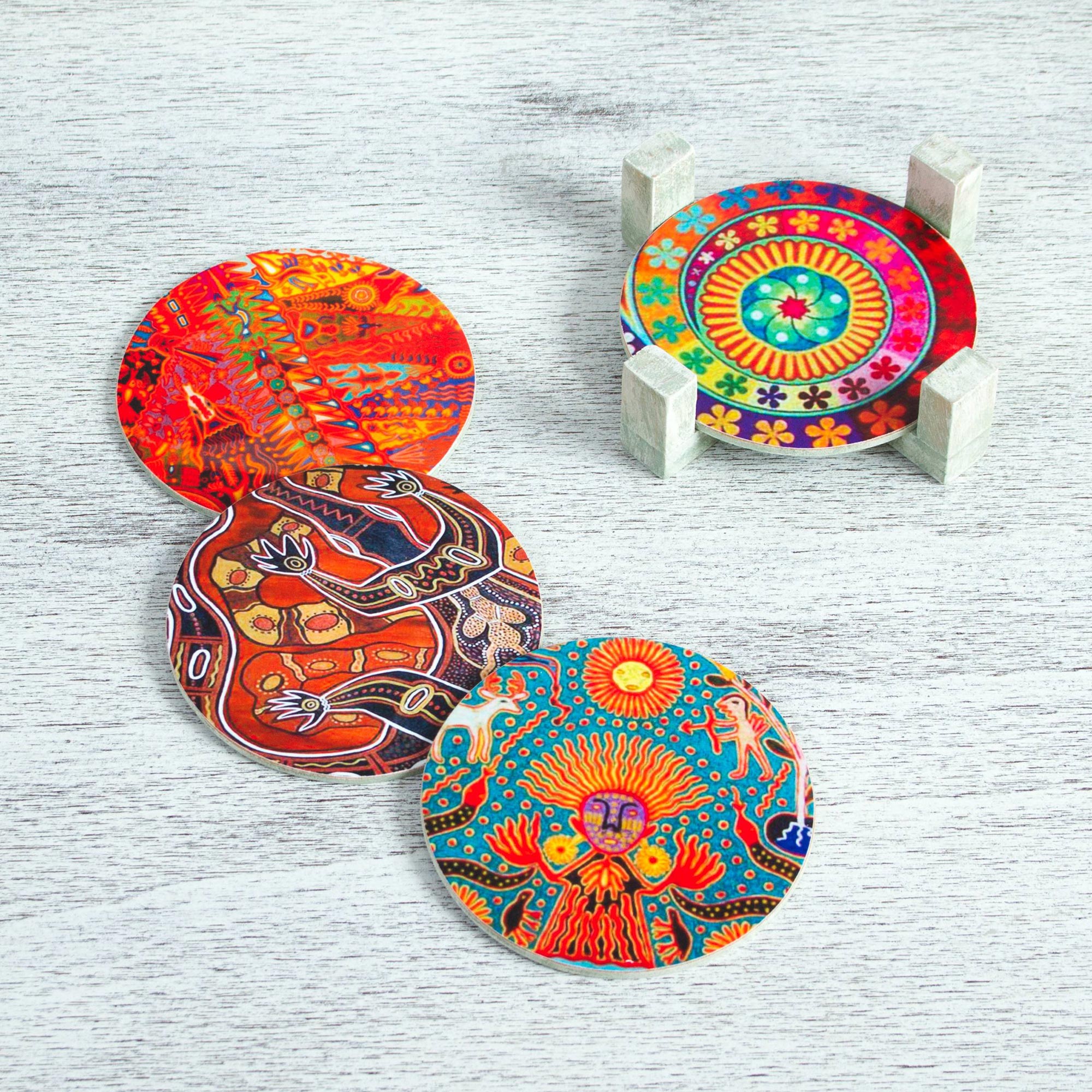 Premium Huichol Multicolored Pinewood Coasters Set with Holder