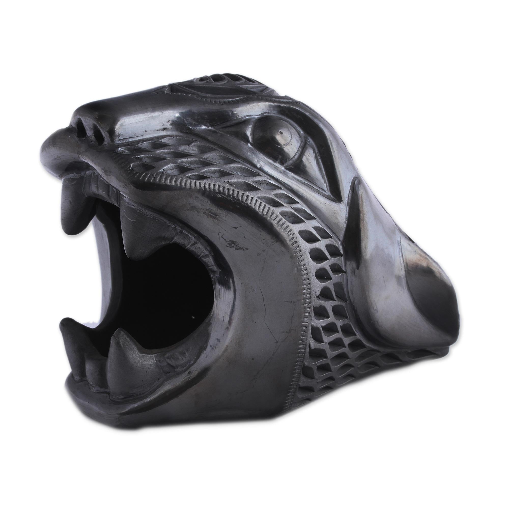 Premium Black Balam Barro Negro Ceramic Jaguar Mask - Authentic Mexican Wall Art