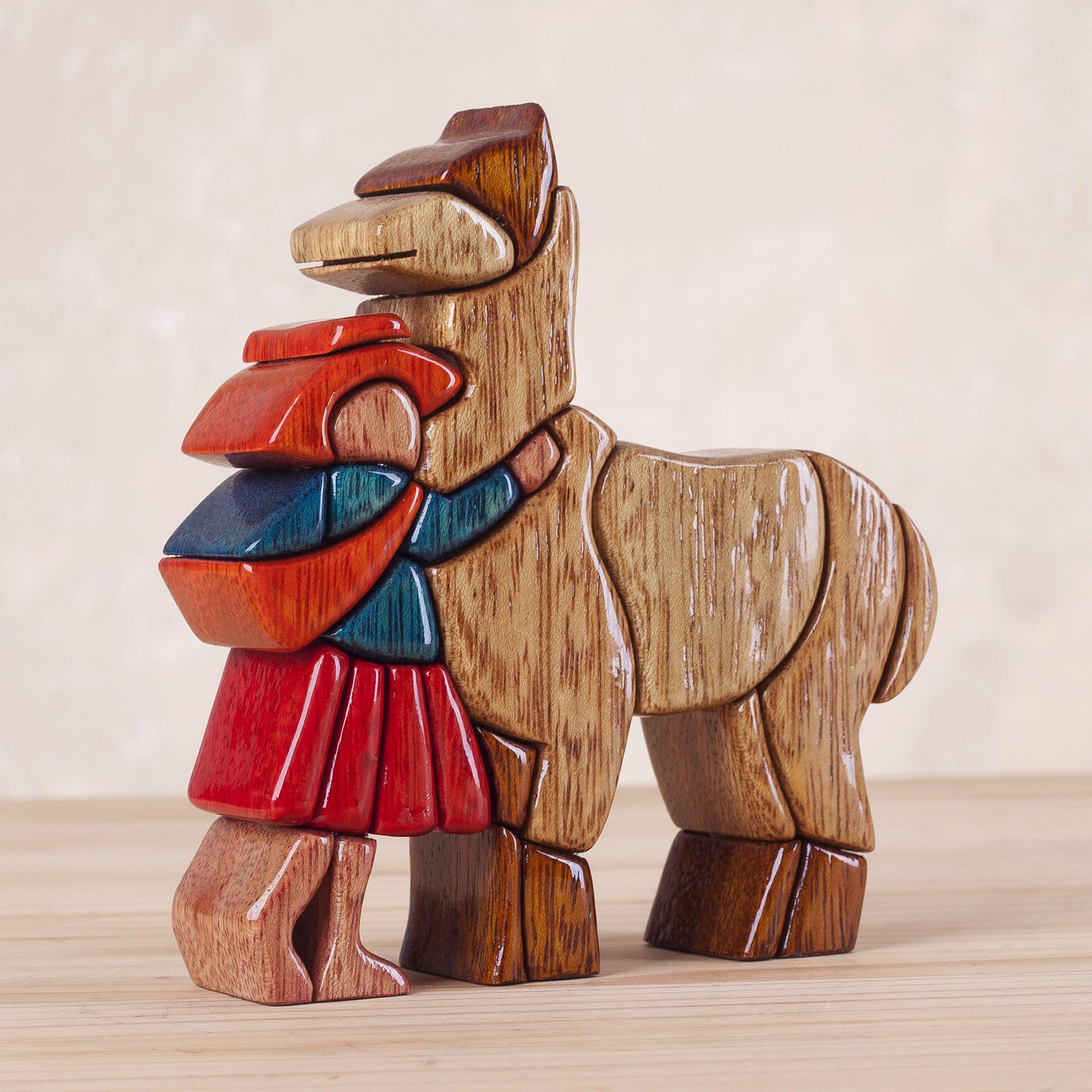 Premium Hand-Carved Llama & Girl Sculpture - Cedar & Mahogany Art Piece