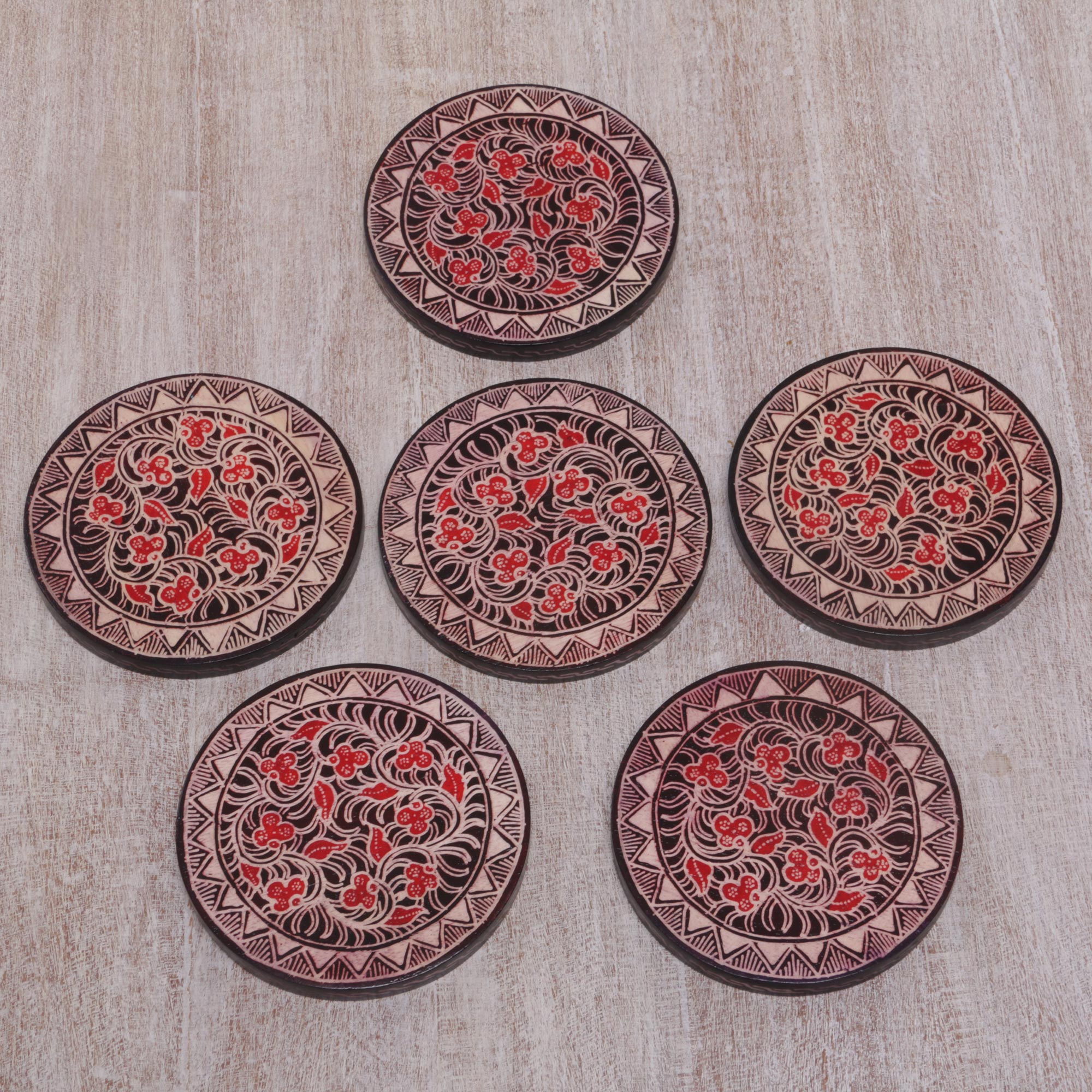 Premium Handcrafted Phoenix Batik Coasters - Java Artisan Set of 6