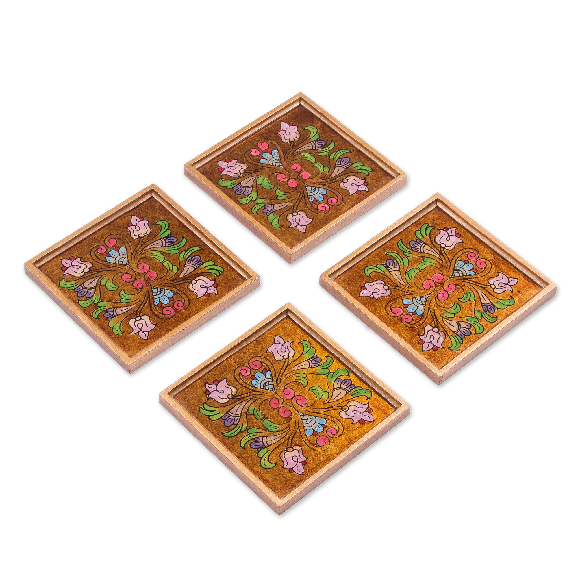 Premium Floral Gold Reverse Painted Glass Coasters - Set of 4 | Handcrafted in Peru
