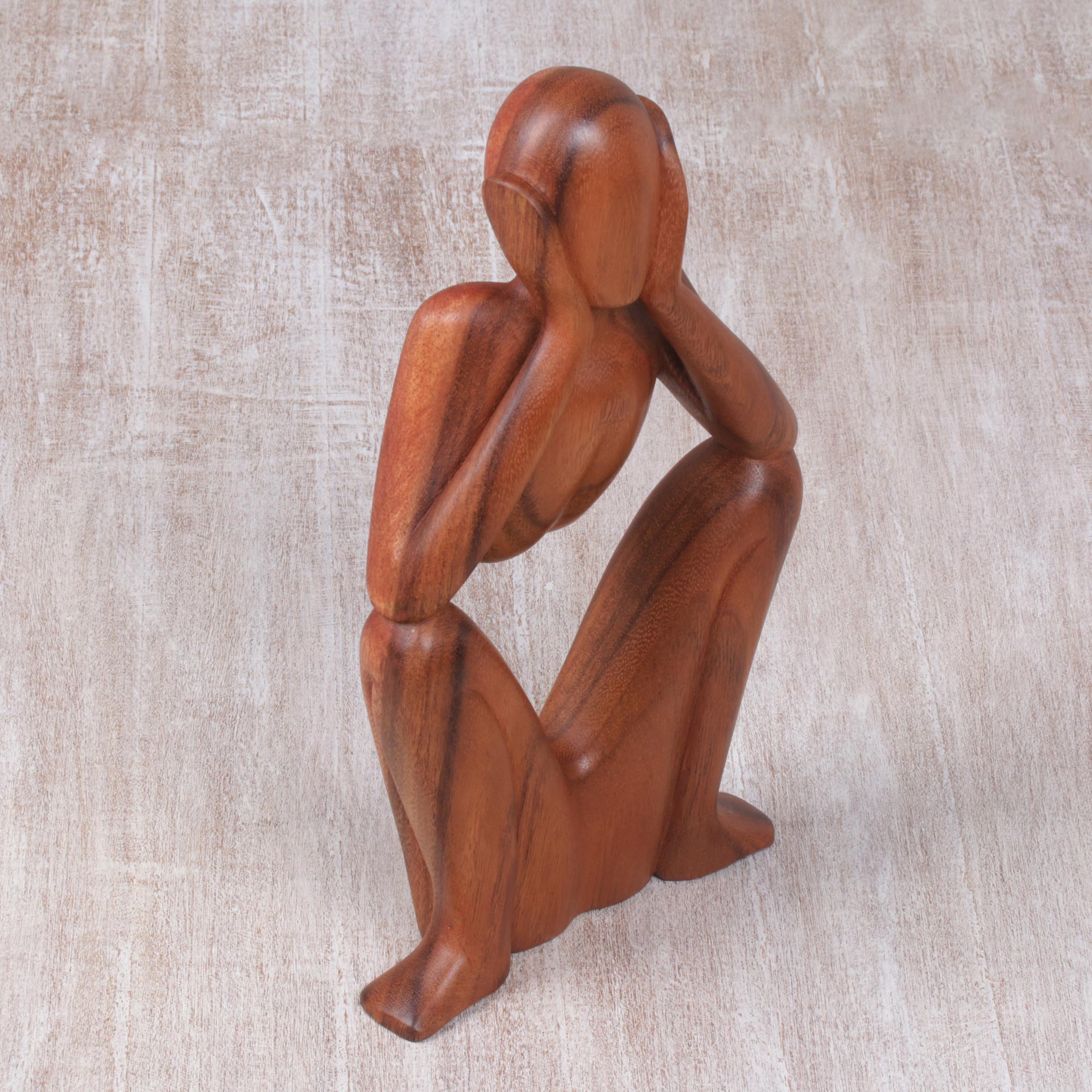Premium Suar Wood Sculpture: The Bored Figure - Handcrafted Art Piece
