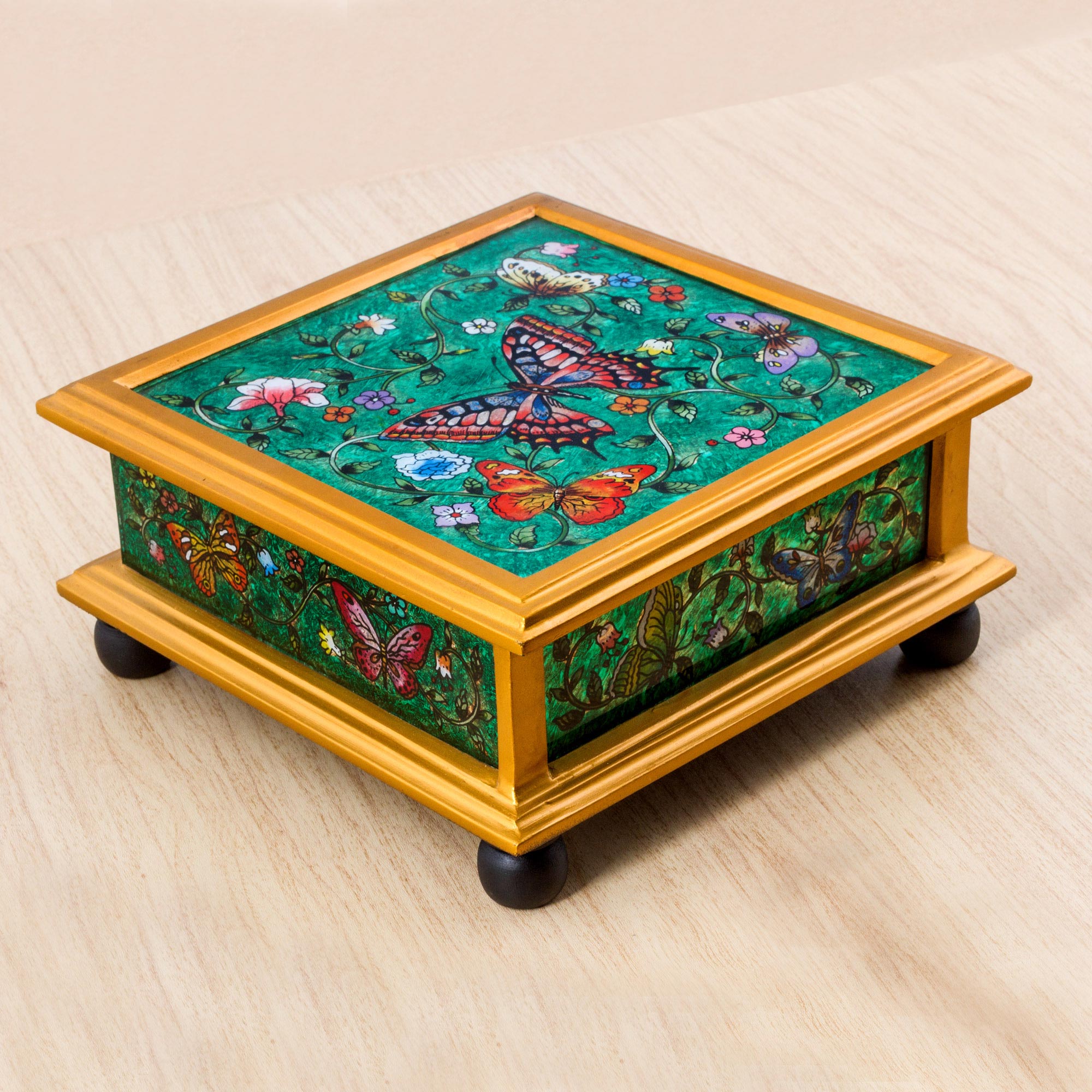 Premium Teal Winter Butterflies Reverse Painted Glass Box - Handcrafted Artisan Decor