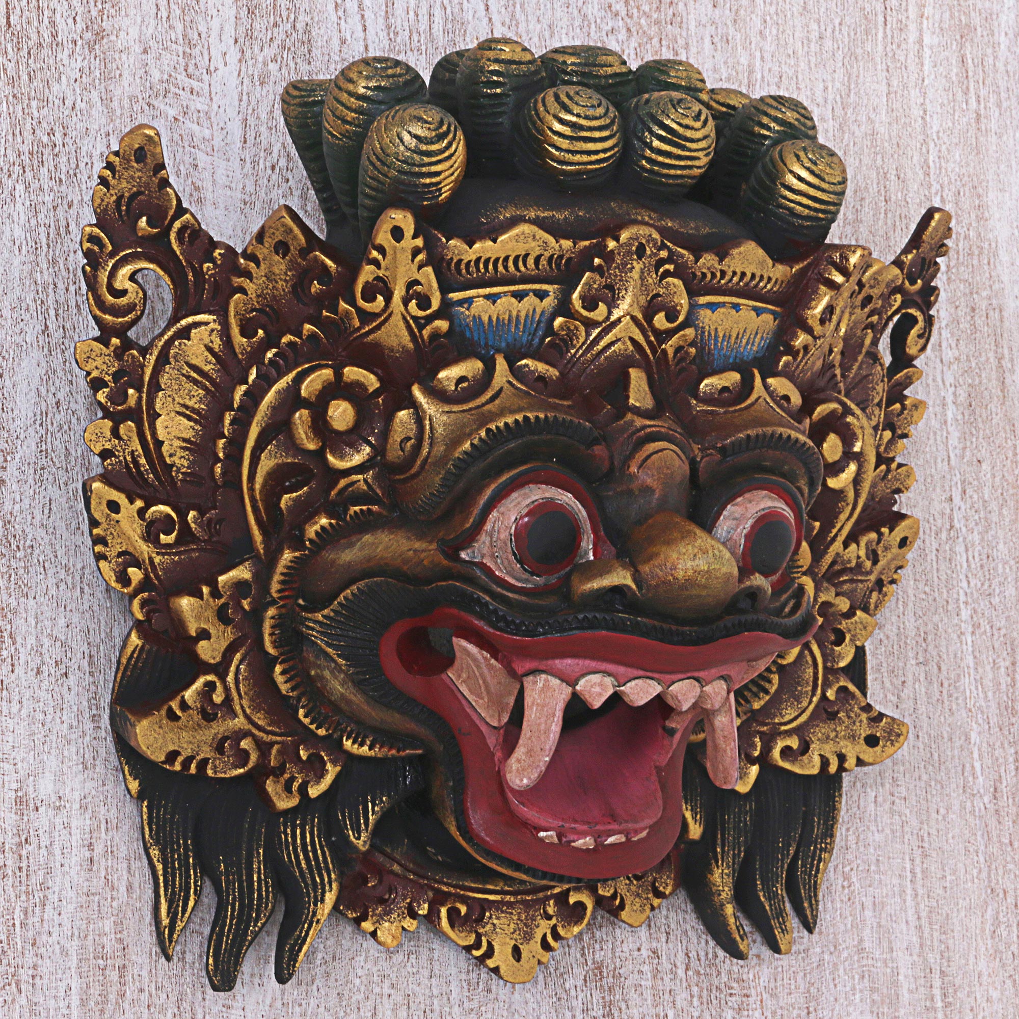Premium Hand-Carved Barong Lion Mask in Gold - Authentic Indonesian Wall Art
