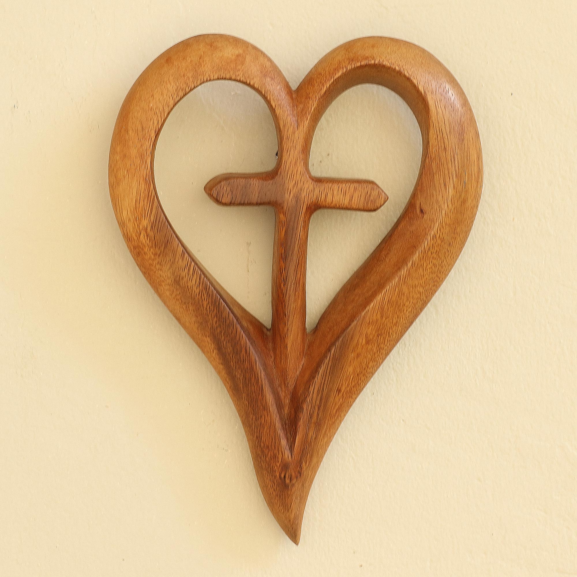 Premium Hand-Carved Suar Wood Heart Cross Wall Art