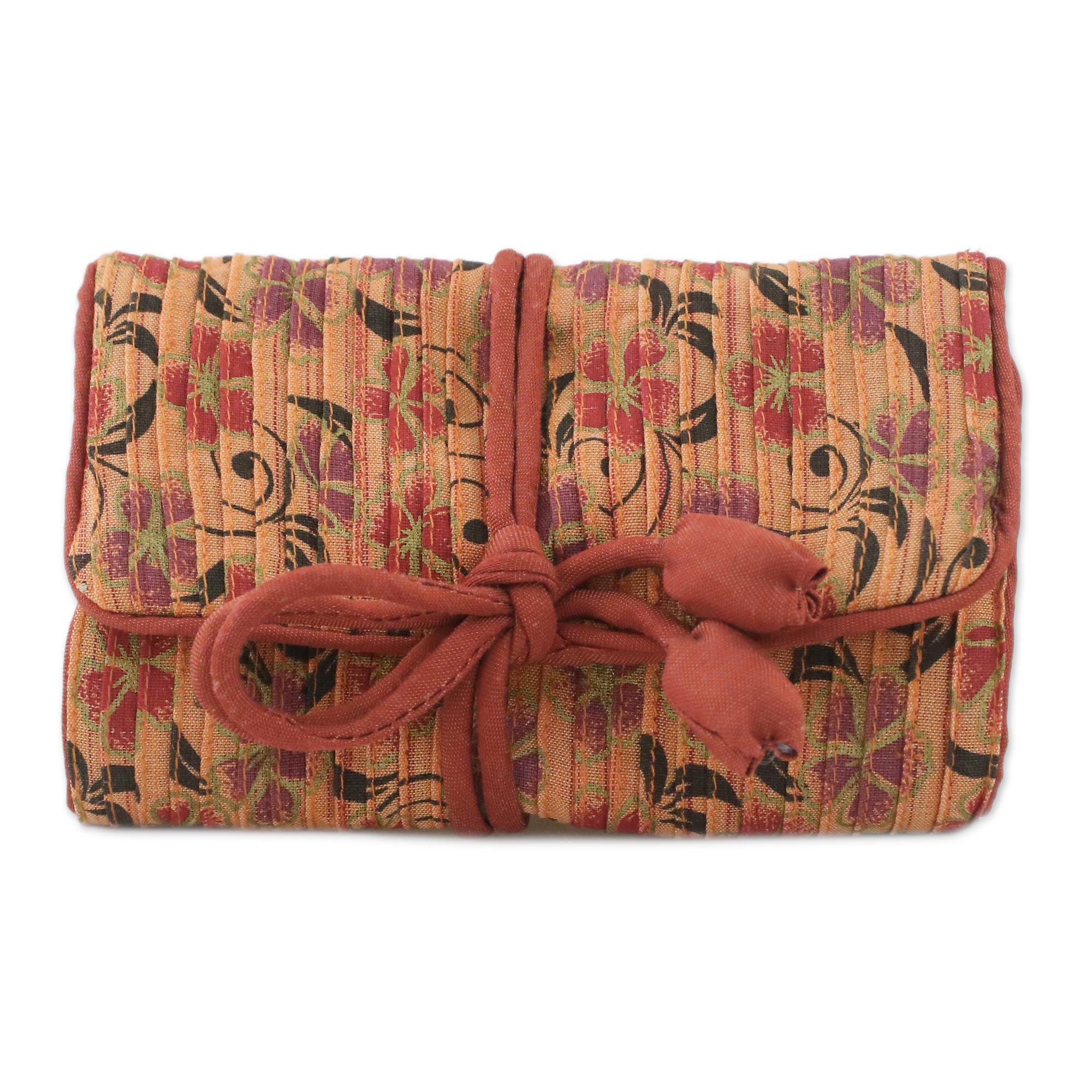 Premium Peach Jewelry Roll: Rayon & Silk Blend with Floral Motifs