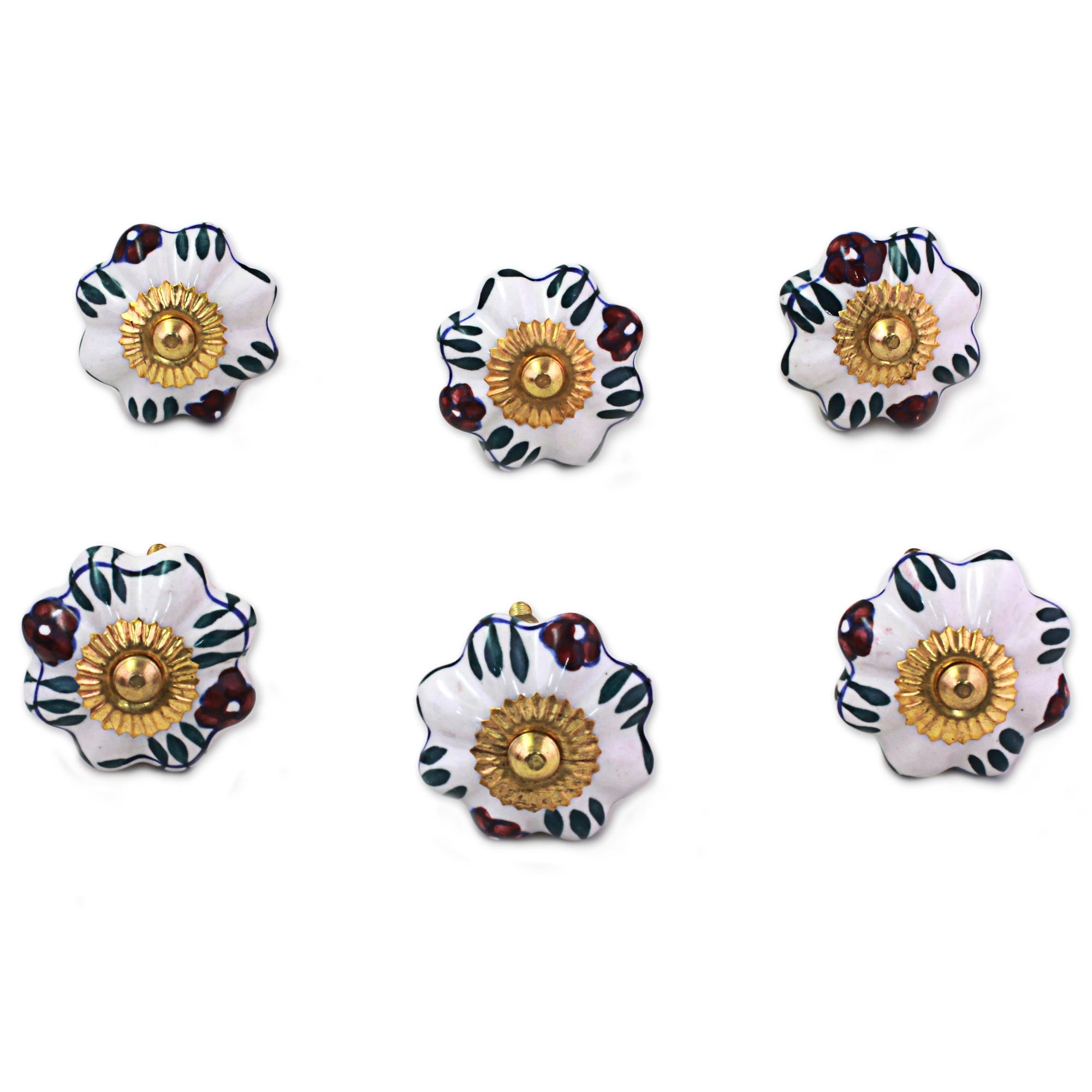 Premium Floral Sunshine Ceramic Cabinet Knobs - Elegant White Set of 6