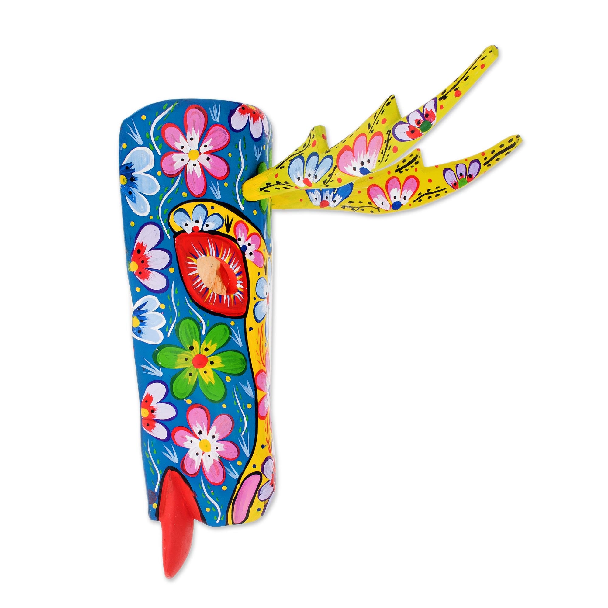 Premium Handcrafted Blue Floral Deer Wall Mask from Guatemala