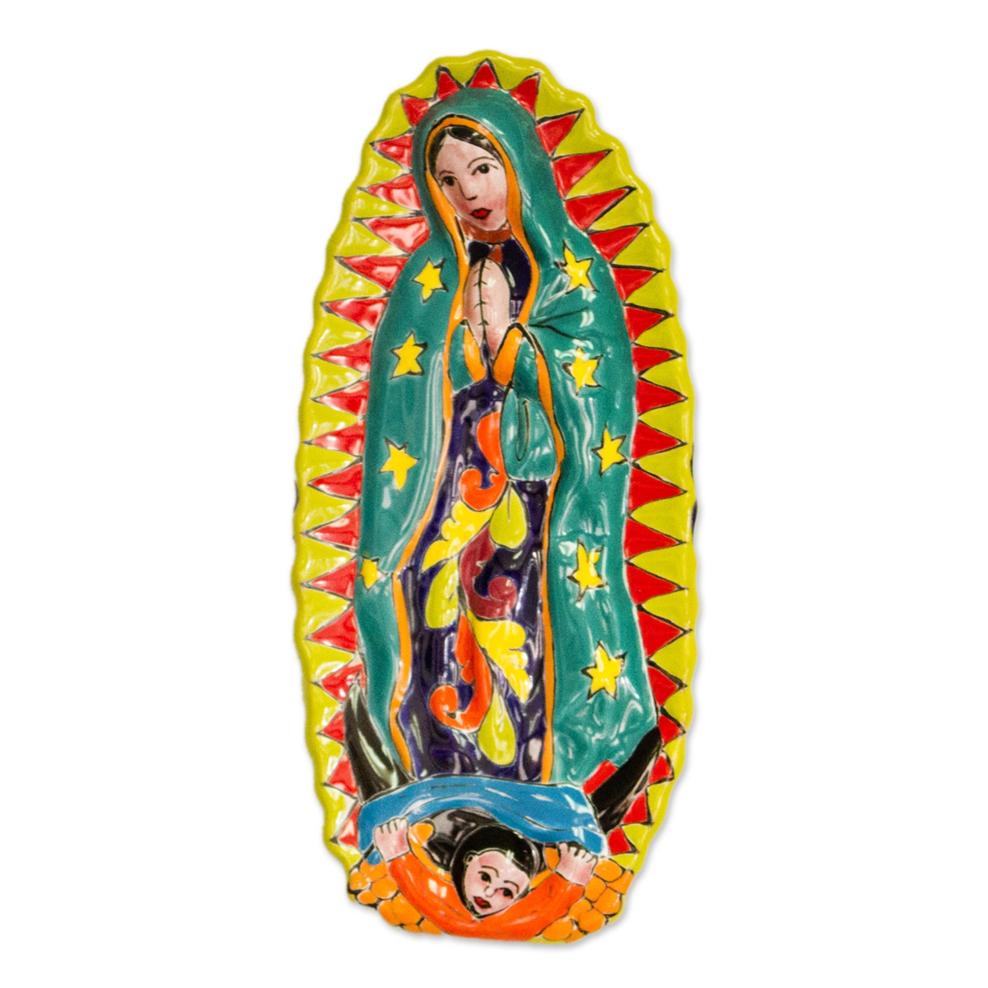 Premium Talavera Guadalupe Wall Sculpture - Handcrafted Green Mother Mary Ceramic Art