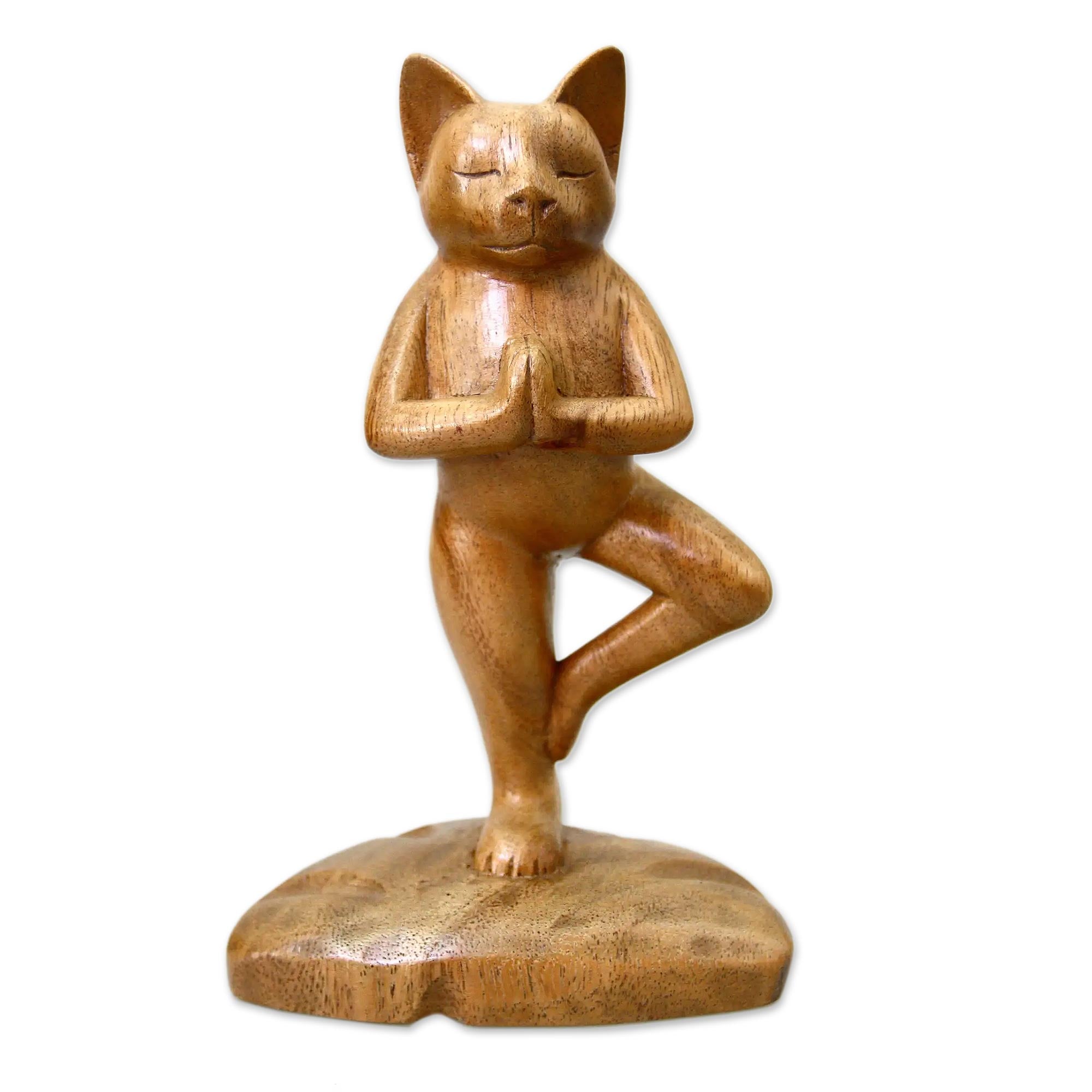 Premium Tree Pose Yoga Cat Statue - Handcrafted Suar Wood Art