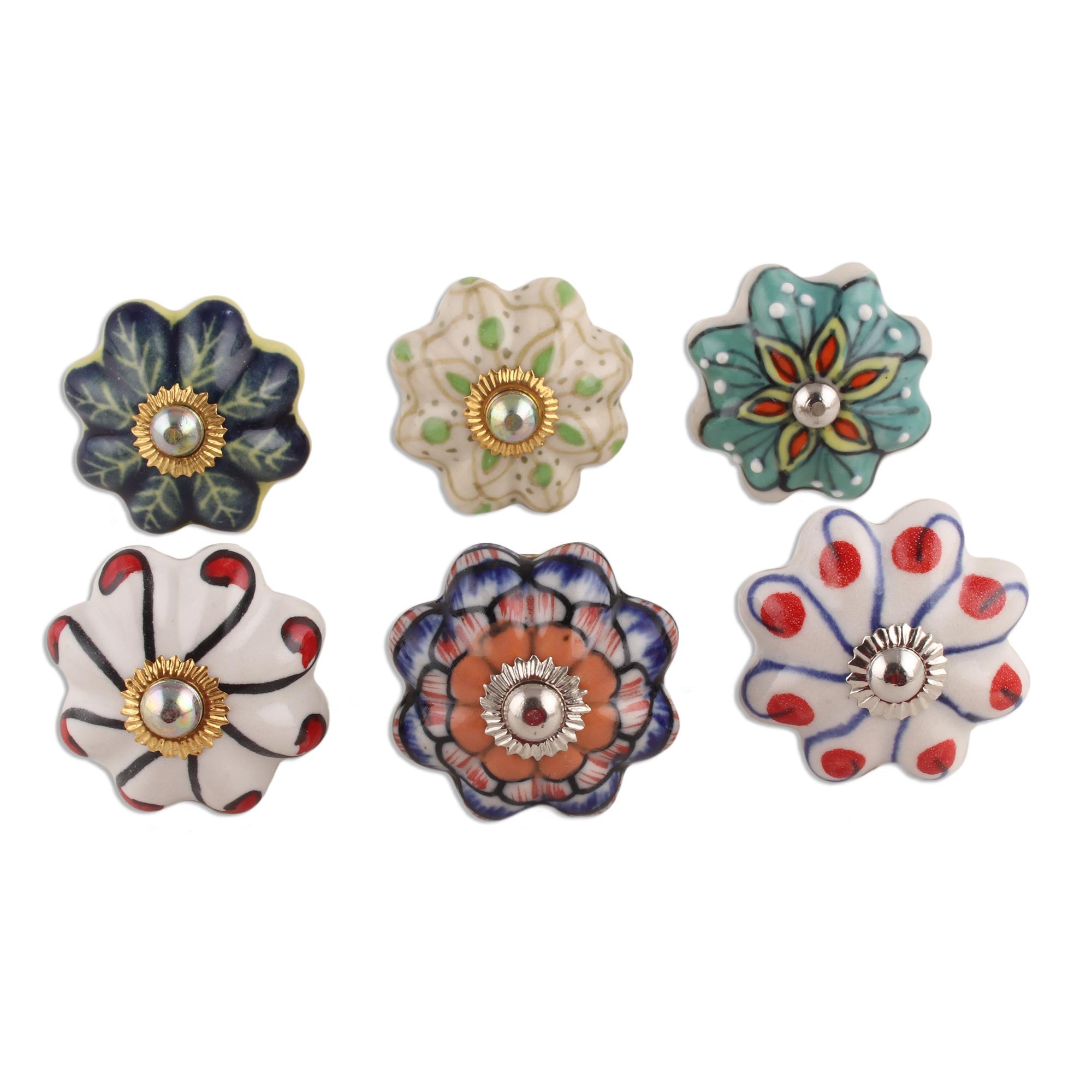Premium Floral Ceramic Knobs Set - Handcrafted in India (Set of 6)