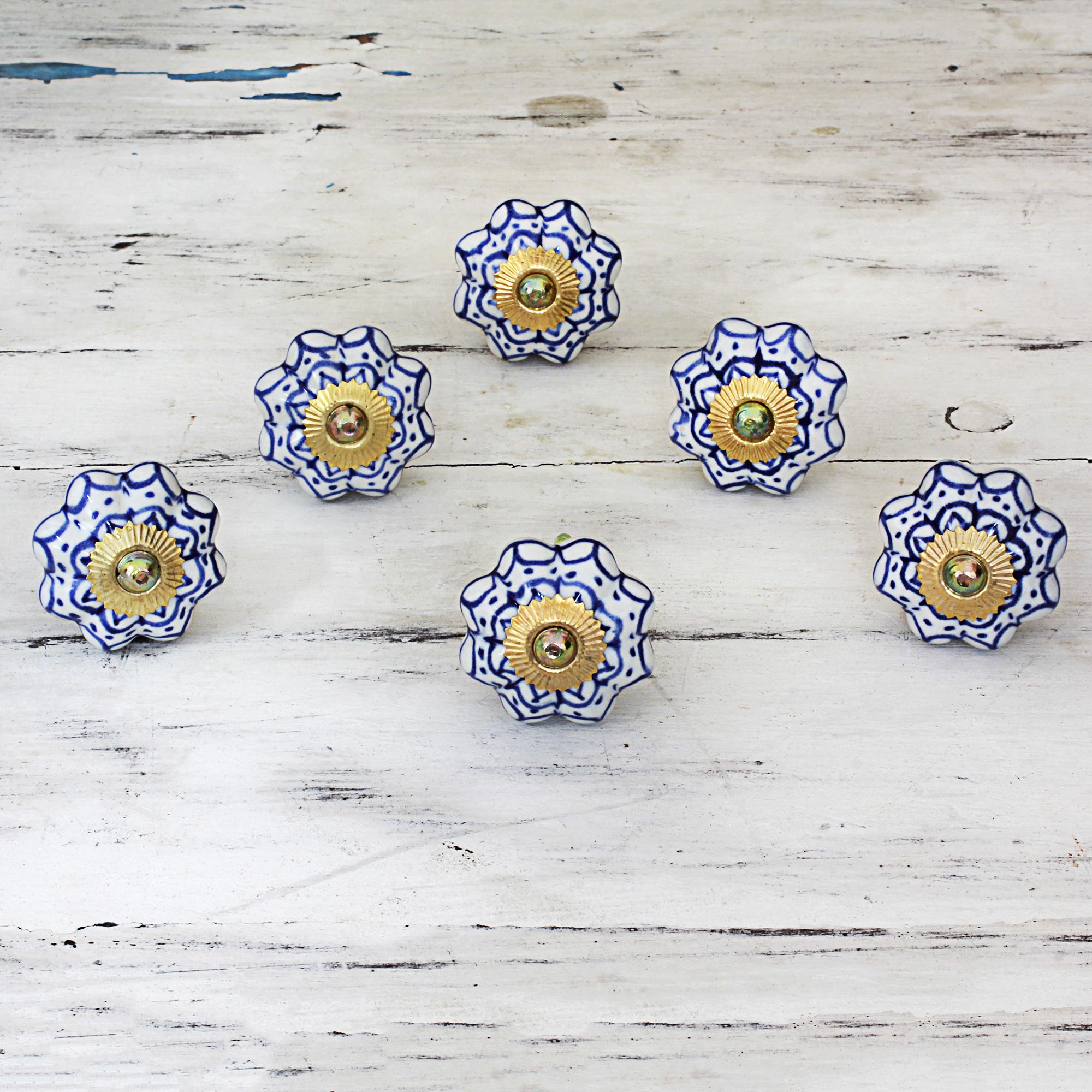 Premium Radiant Blue Floral Ceramic Cabinet Knobs – Handcrafted Set of 6