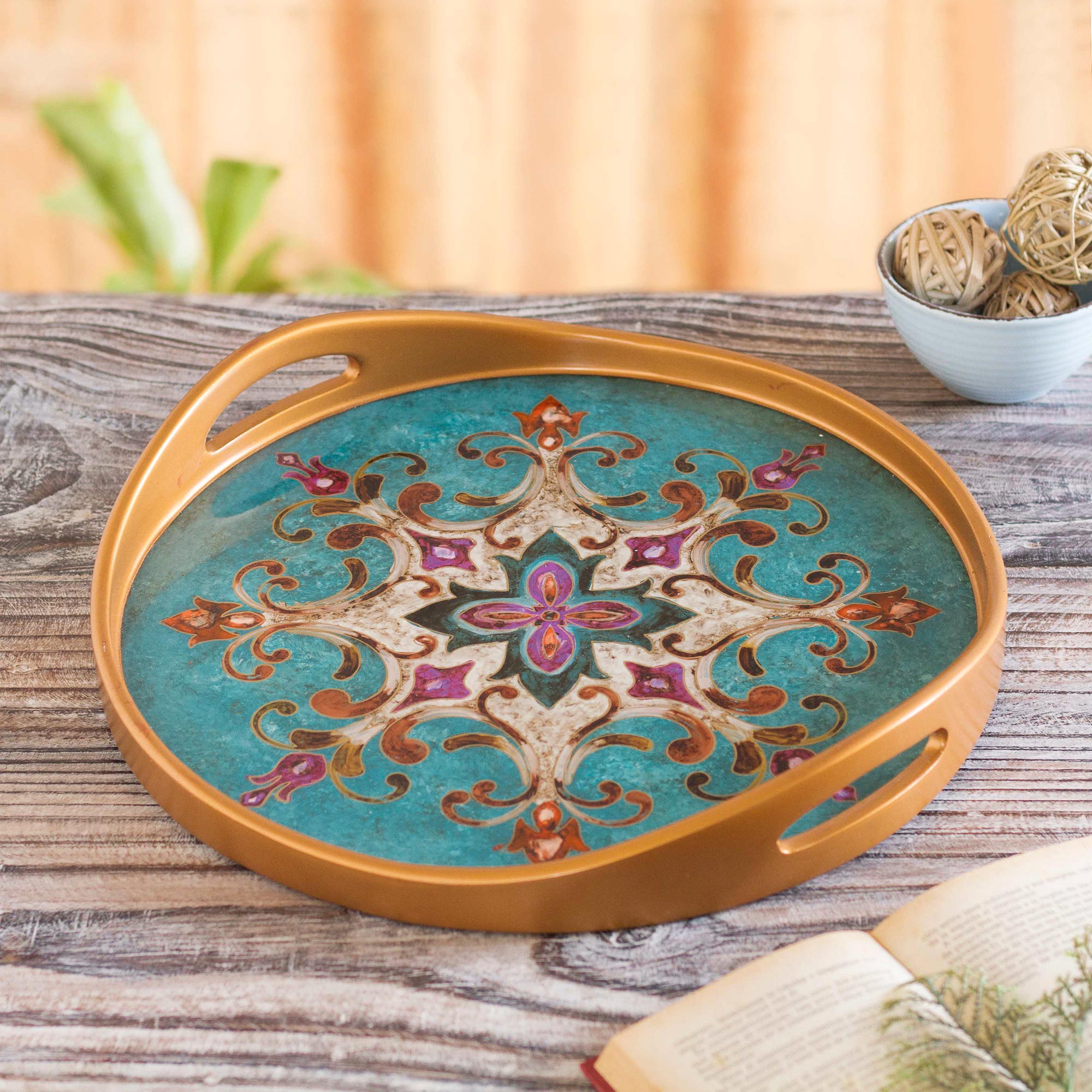 Premium Colonial Elegance Reverse Painted Glass & Wood Turquoise Floral Round Tray