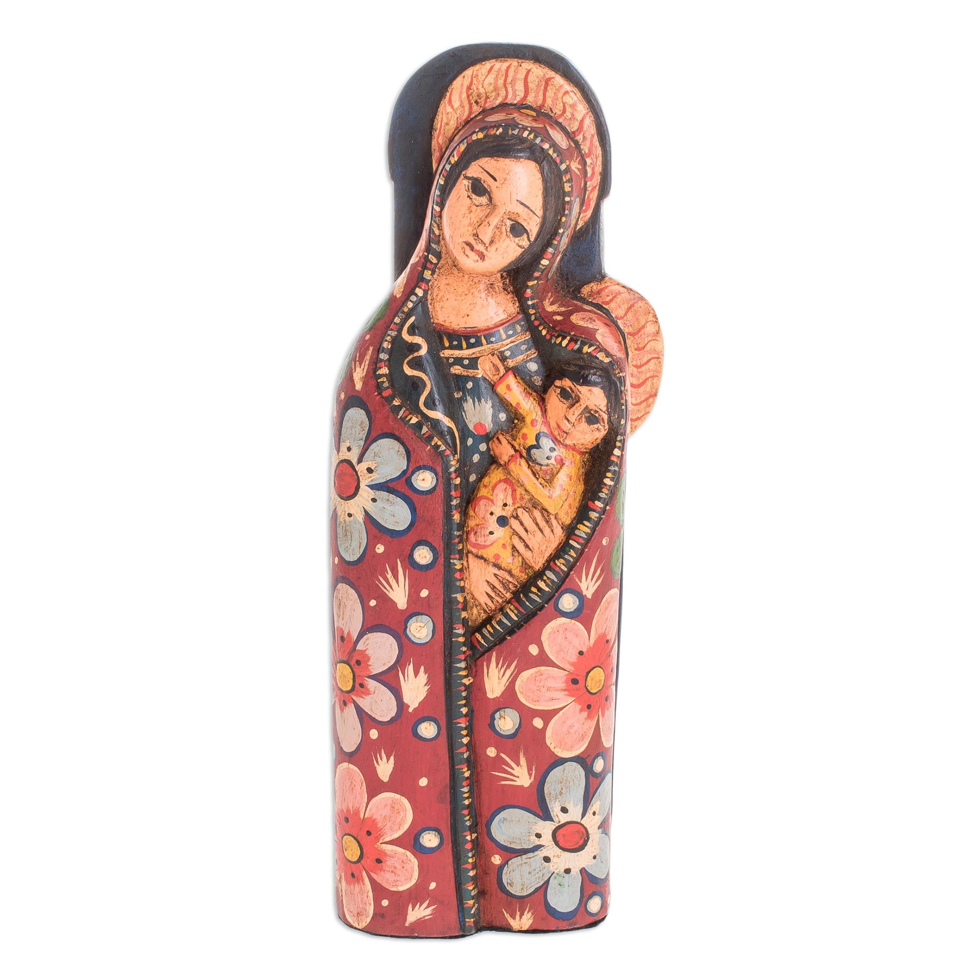Premium Hand-Carved Mother of Love Mary and Jesus Statuette - Rustic Pinewood Art from Guatemala
