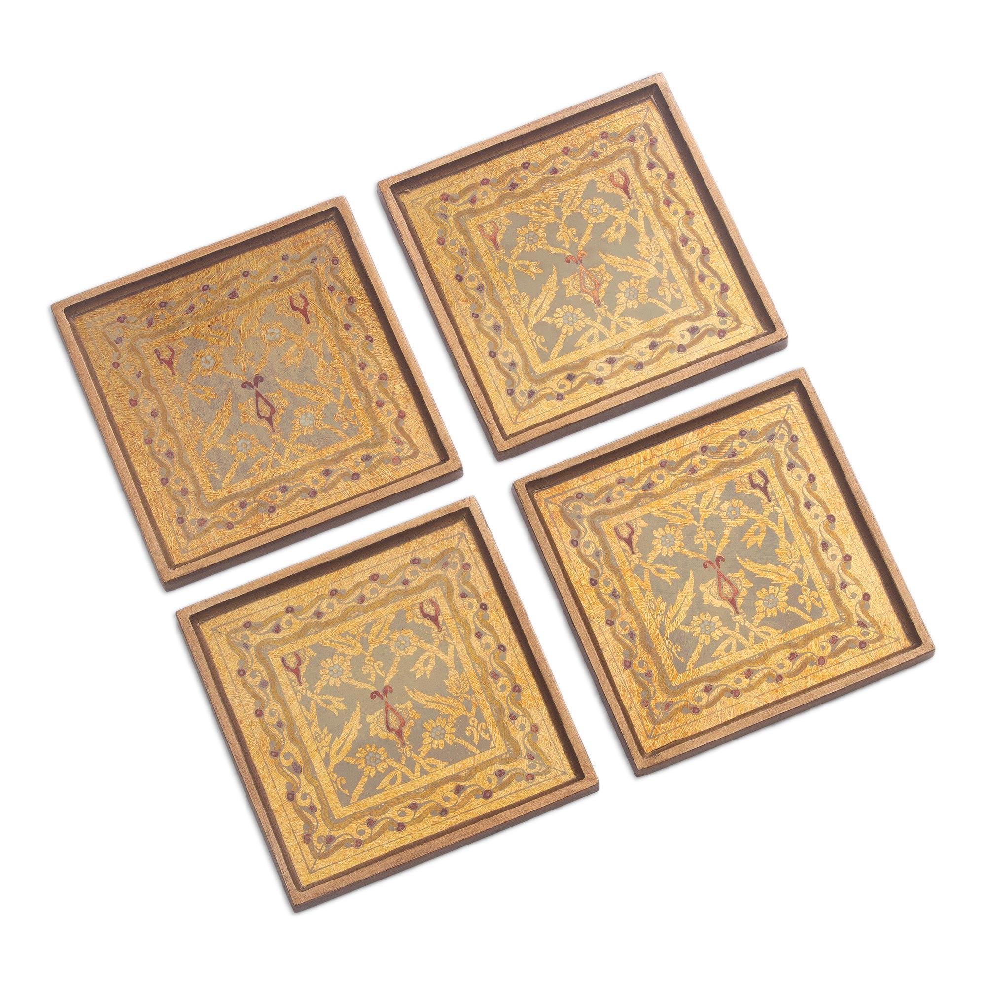 Premium Colonial Gold Floral Coasters Set - Handcrafted Reverse Painted Glass