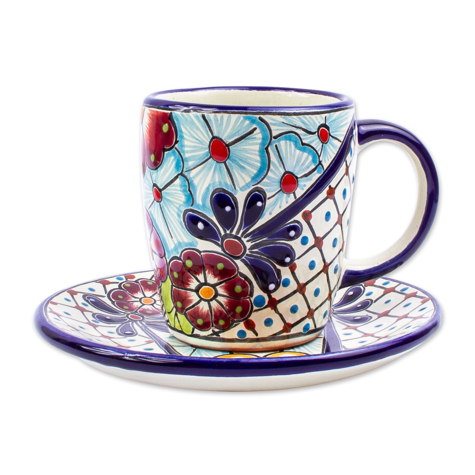 Premium Talavera-Style Cups and Saucers: Handcrafted Mexican Artistry (Pair)