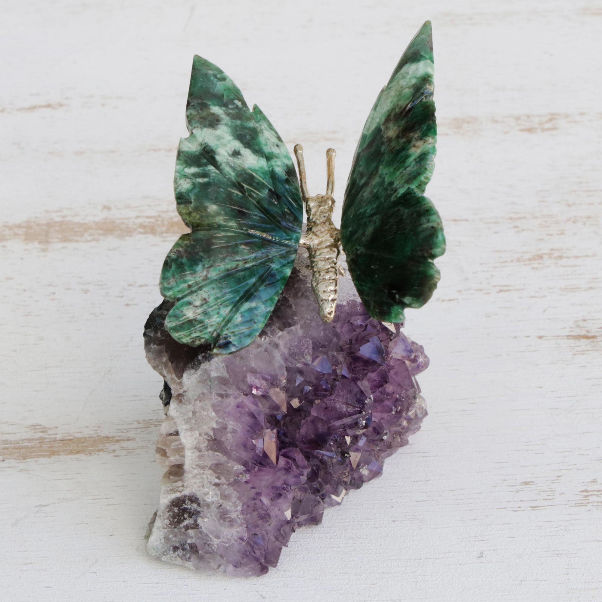 Premium Forest Wings Butterfly Gemstone Sculpture - Serpentinite & Amethyst