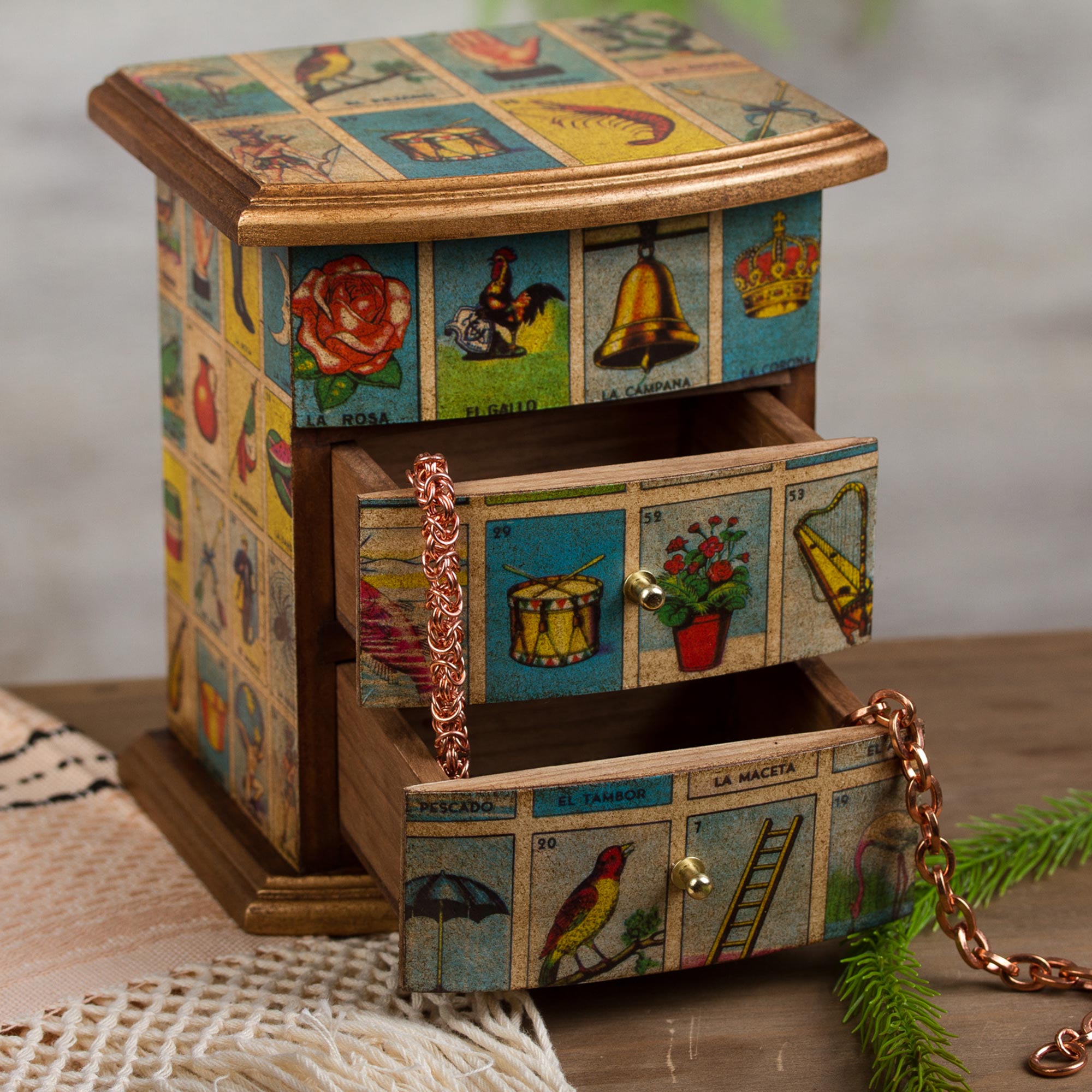 Premium Mexican Loteria Jewelry Box - Handcrafted Wooden Bingo Decoupage Design