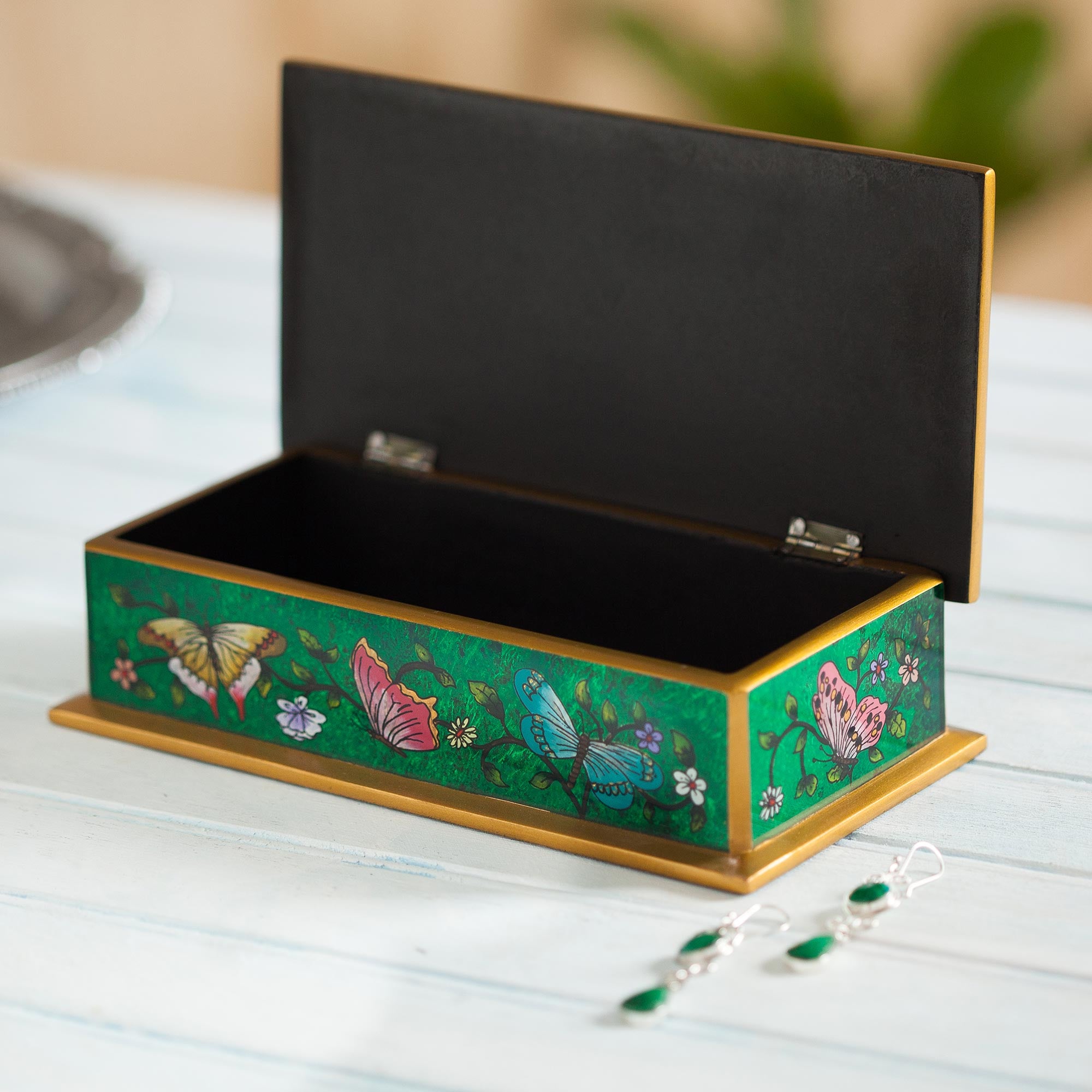 Premium Emerald Glass Jewelry Box with Gold Accents