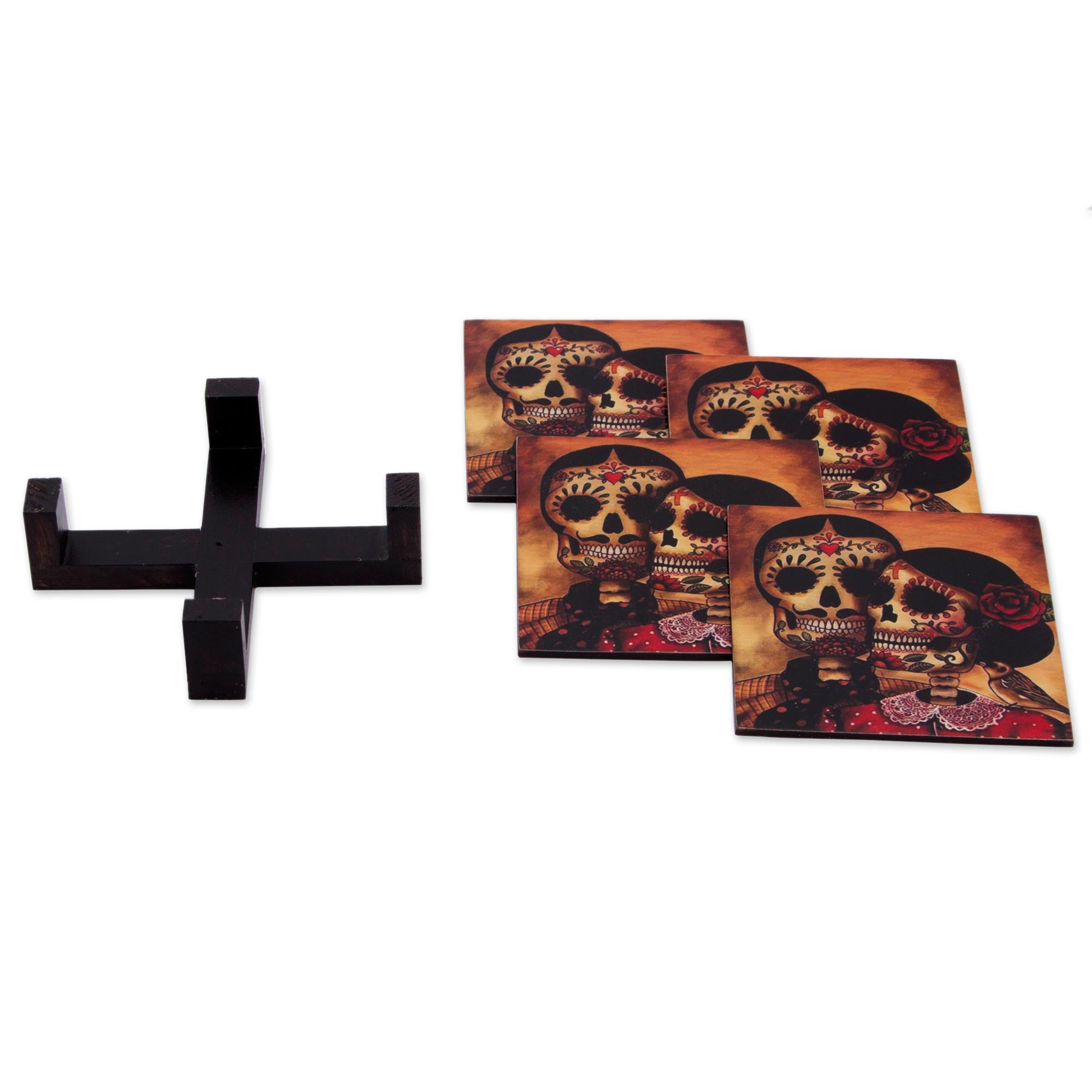 Premium Day of the Dead Romance Coaster Set - Handcrafted Decoupage Art (Set of 4)