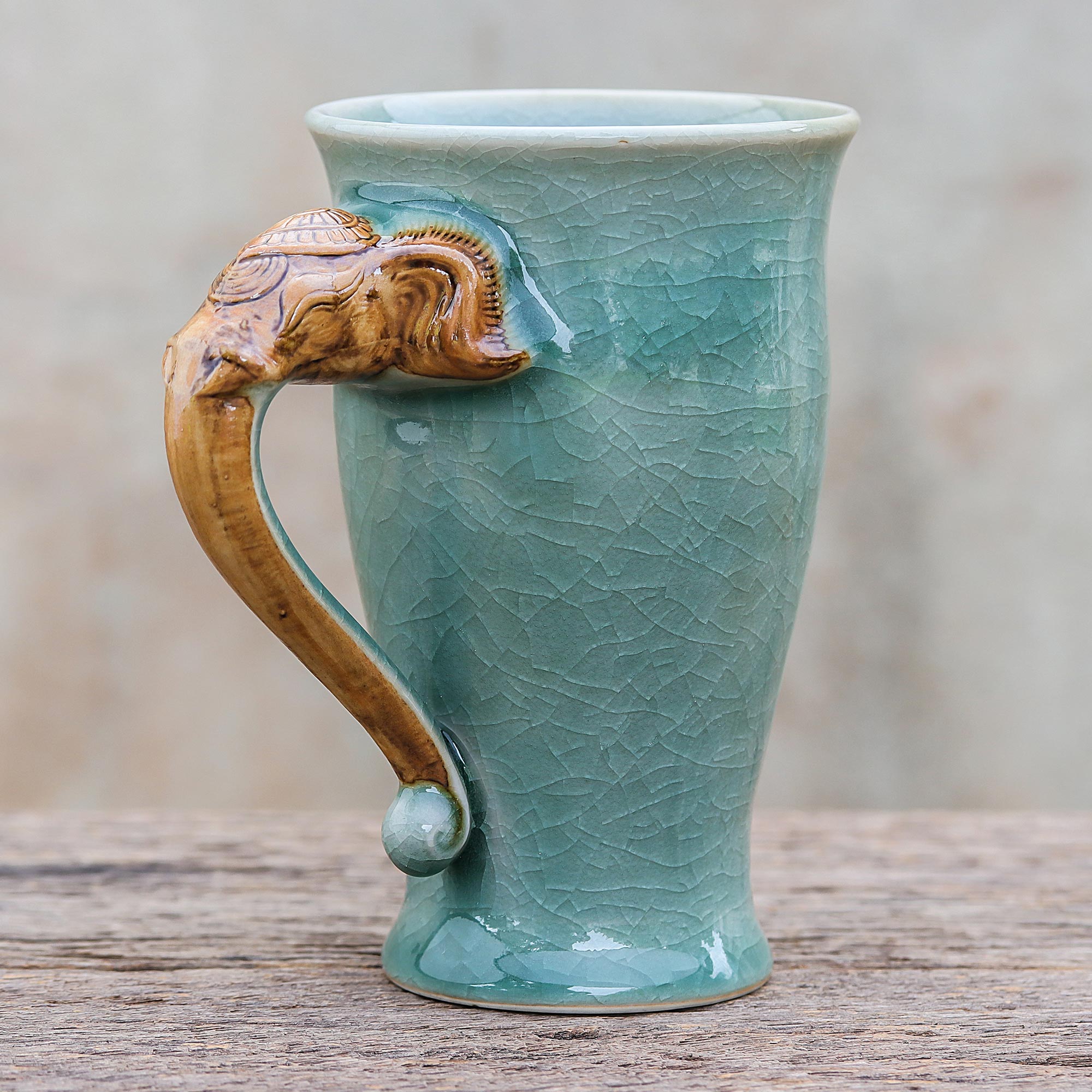 Premium Elephant Ceramic Mug - Green Crackled Celadon with Handcrafted Elephant Handle