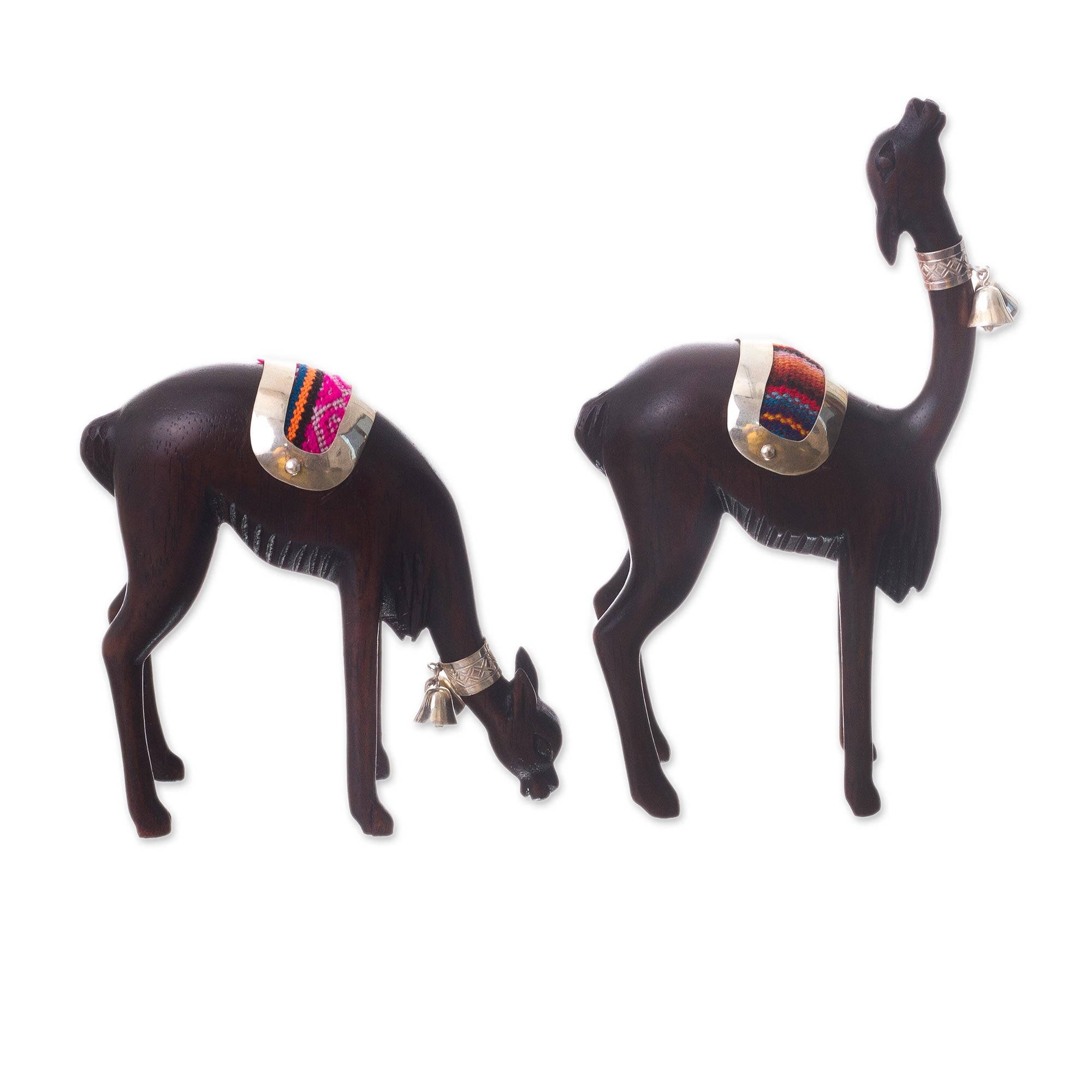 Premium Hand-Carved Vicuña Figurines from Peru - Silver & Cedar Wood Pair